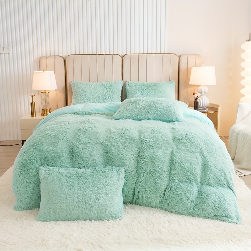 Image of 3pcs Solid Color Polyester Long Pile Down Duvet Cover Set