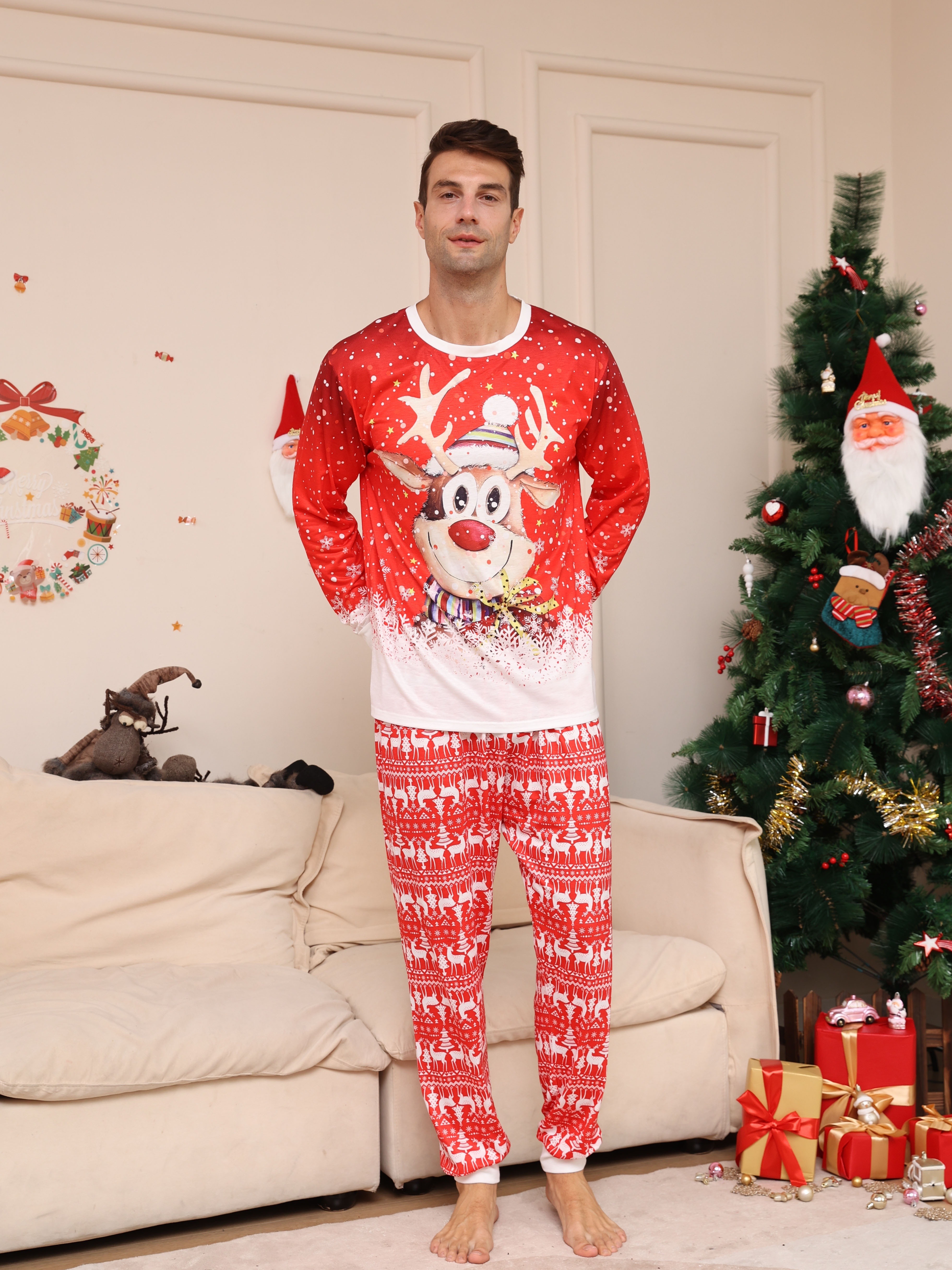 Men's Casual Comfy Christmas Home Pajamas Set, Reindeer Graphic Print Long  Sleeve Crew Neck Sweatshirt & Loose Pants, Men's Outdoor Clothing