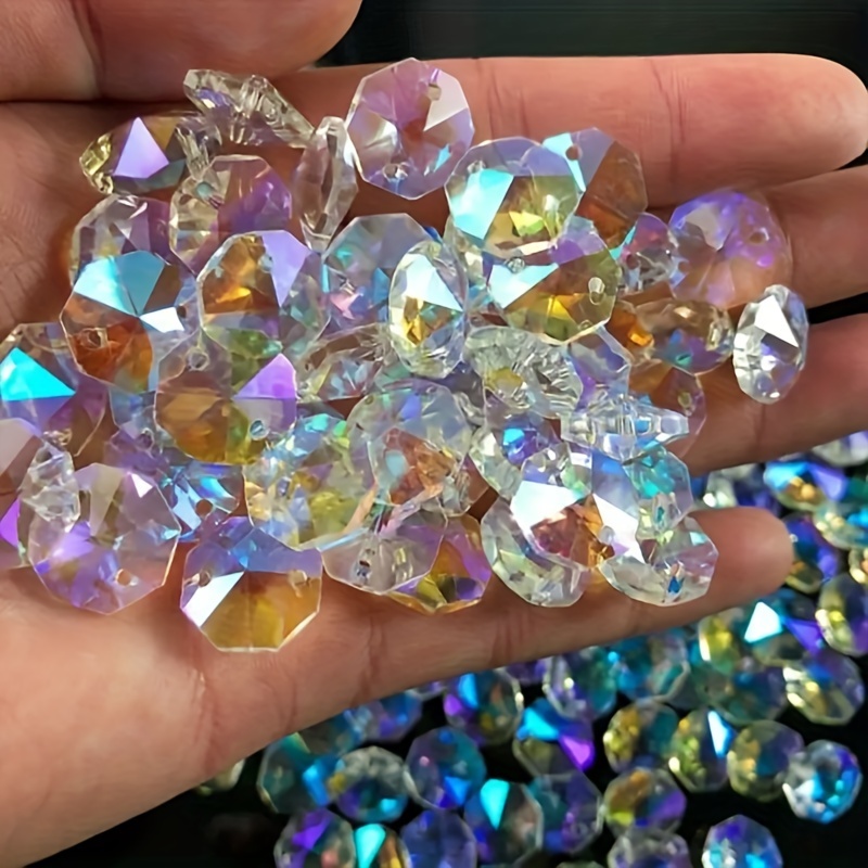 

100pcs 14mm 2 Holes Octagonal Colorful Glass Crystal Beads Light Prism Part Suncatcher Charms Beads For Jewelry Making Diy Decorative Supplies