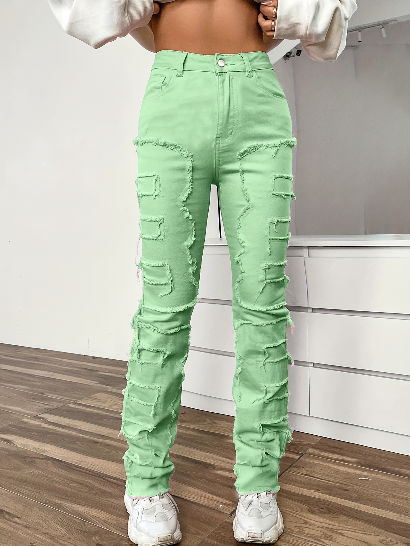 raw trim patchwork straight jeans mid stretch distressed chic denim pants womens denim jeans clothing