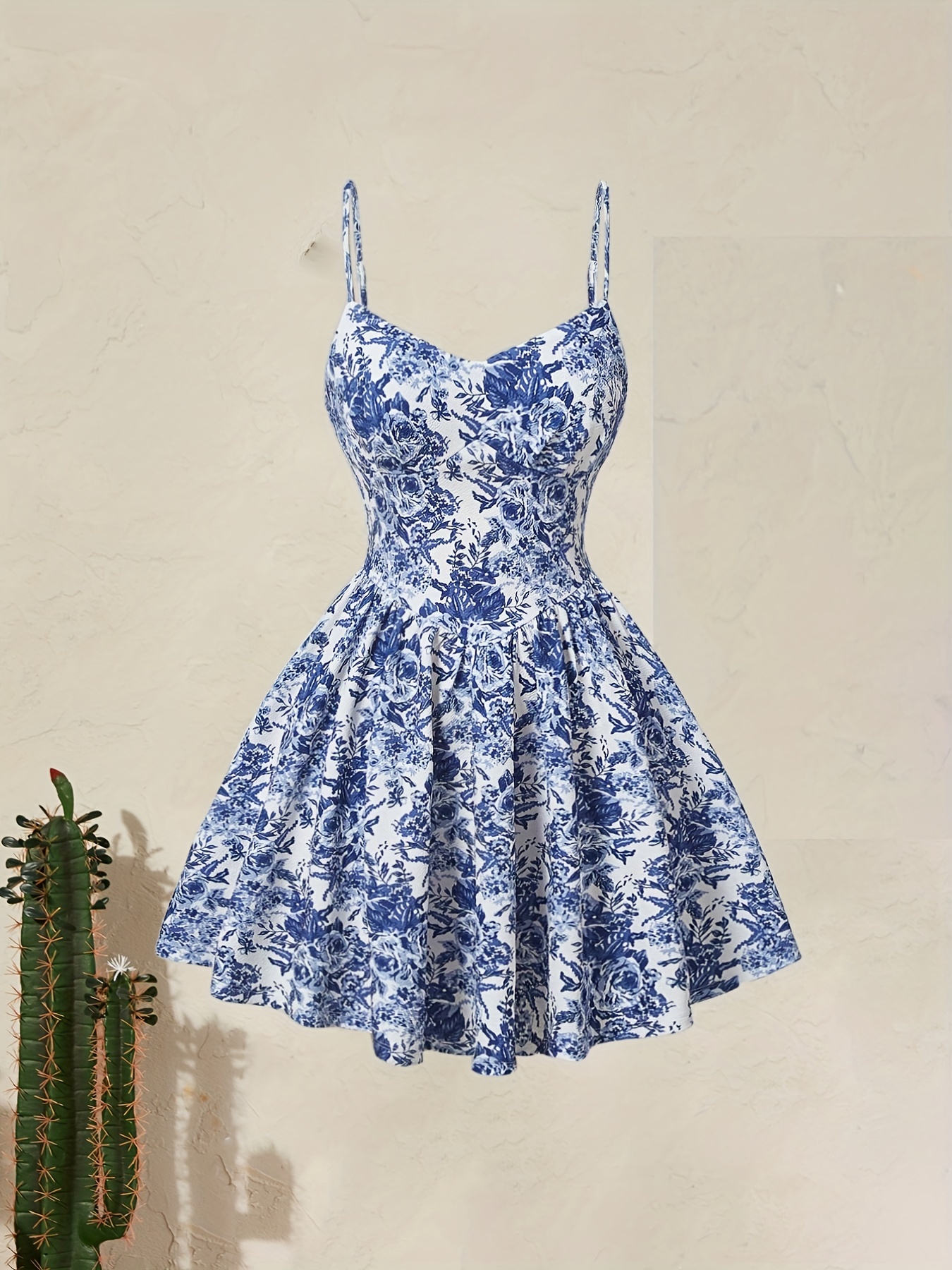Floral Print Spaghetti Strap Dress, Elegant V Neck Summer Sleeveless Dress, Women's Clothing