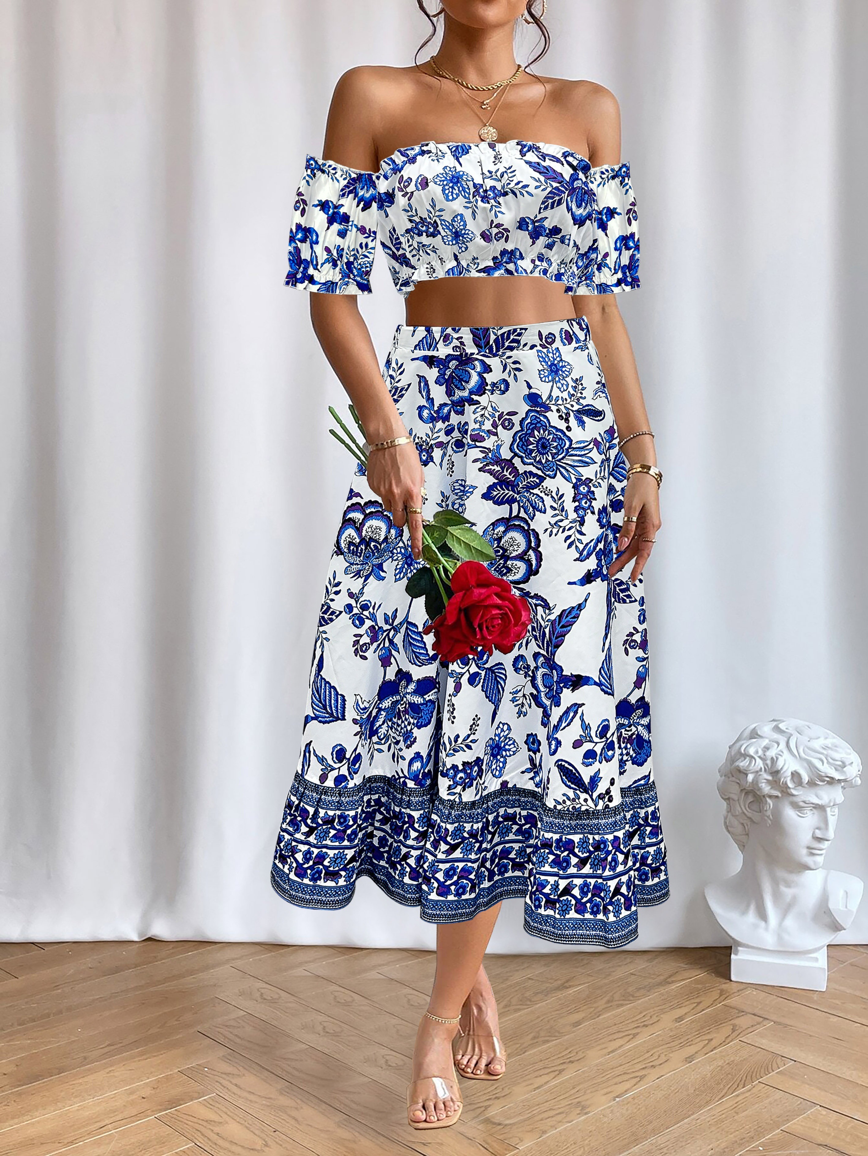 Casual Floral Print Two piece Set Puff Sleeve Crop Top High - Temu