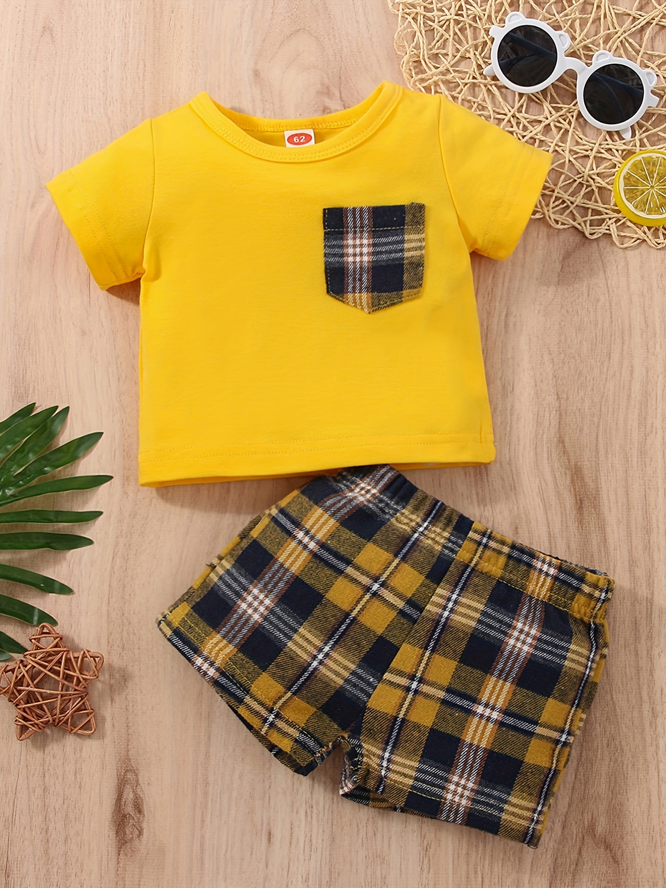 Casual Kids Boys Gentleman Clothes Plaid Print Short Sleeve Lapel Neck  Buttons Tops Shirt Short Pants 2pcs Set 