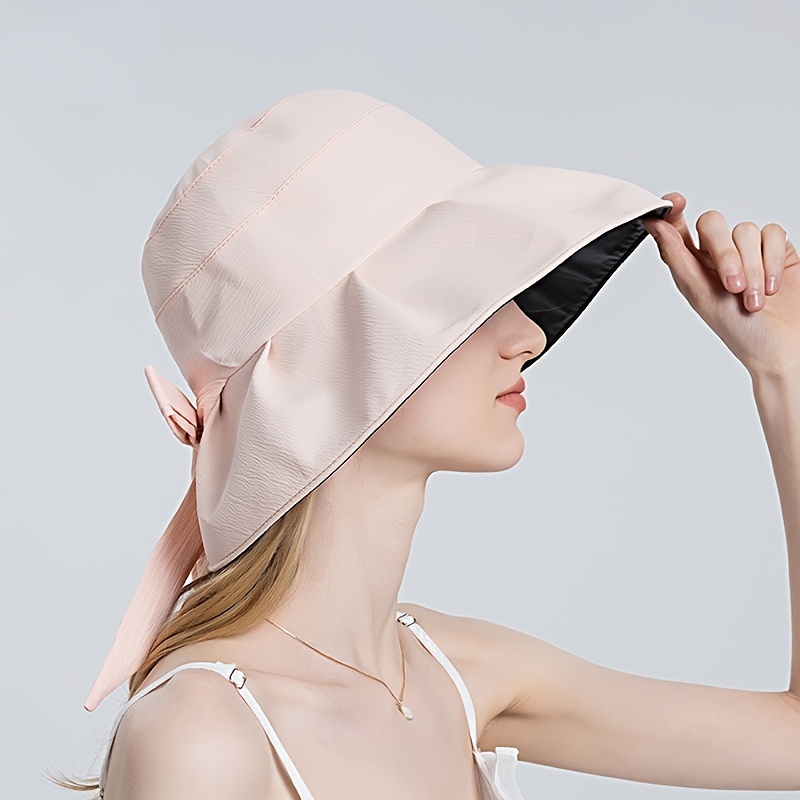 Fashionable Wide Brim Sun Hat, Fishing Hat, Bowknot Decor Sun Protection Cloche Bucket Hat for Women,Temu