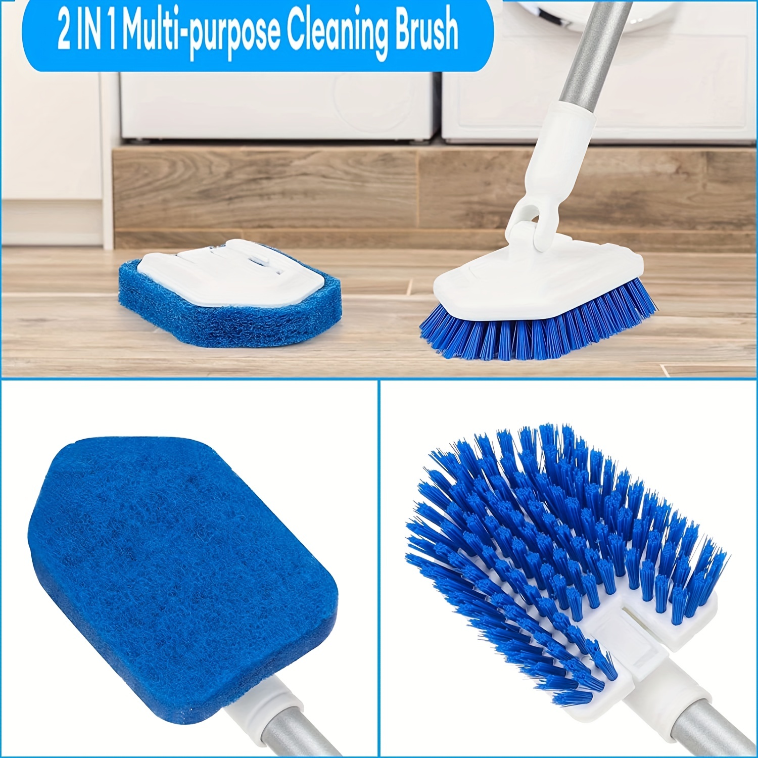 3 in 1 Scrub Cleaning Brush with Long Handle 51'' - Shower Bathtub Tub &  Tile Scrubber Brush Include 1 Stiff Brush Head & 3 Scouring Pads & 3