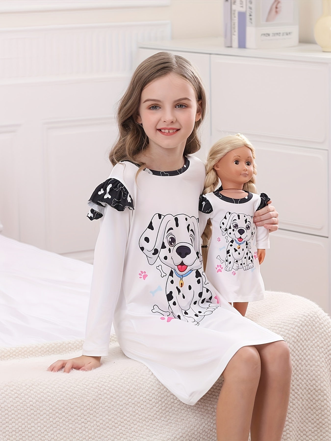 Doll Girl Matching Nightgown Night Dresses Dog Print Pajamas - Temu