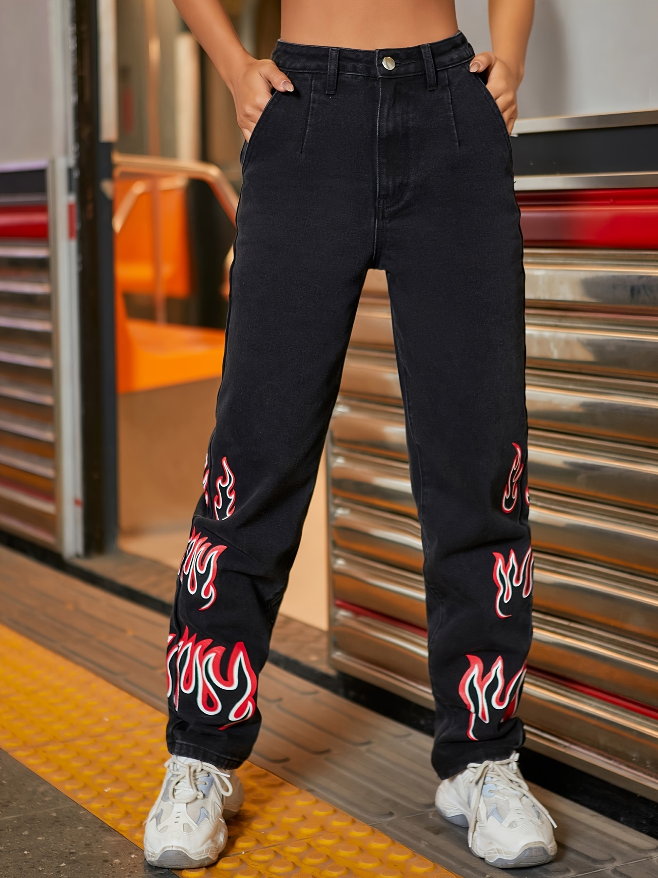Multi-pocket Solid Color Cargo Jeans, Side Flap Pocket High Rise Loose  Denim Pants, Kpop Y2K, Women's Denim Jeans & Clothing