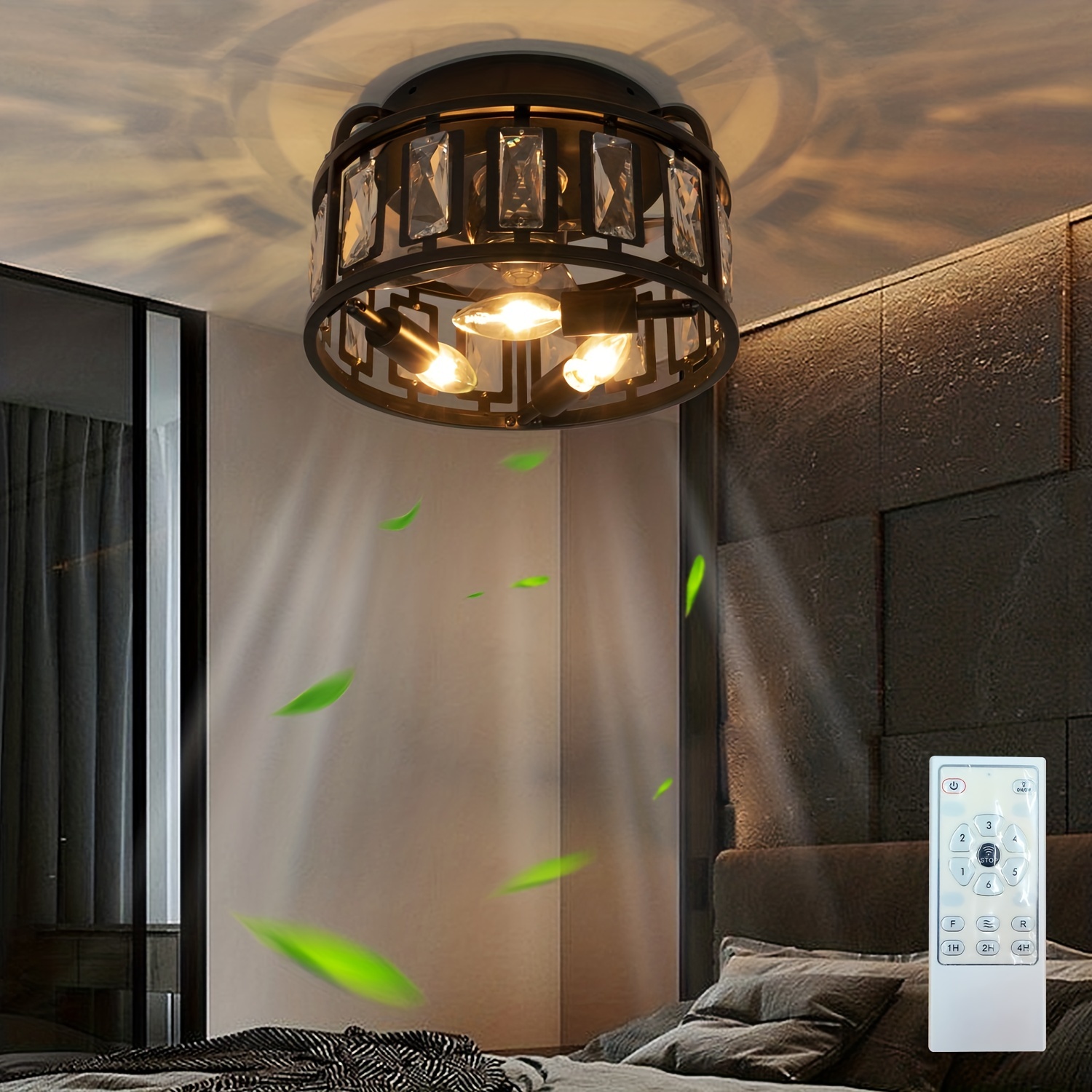 Lámpara de techo de cristal con ventilador, moderna lámpara LED con aspas  retráctiles, control remoto, 3 velocidades, 3 colores para interior, sala  de