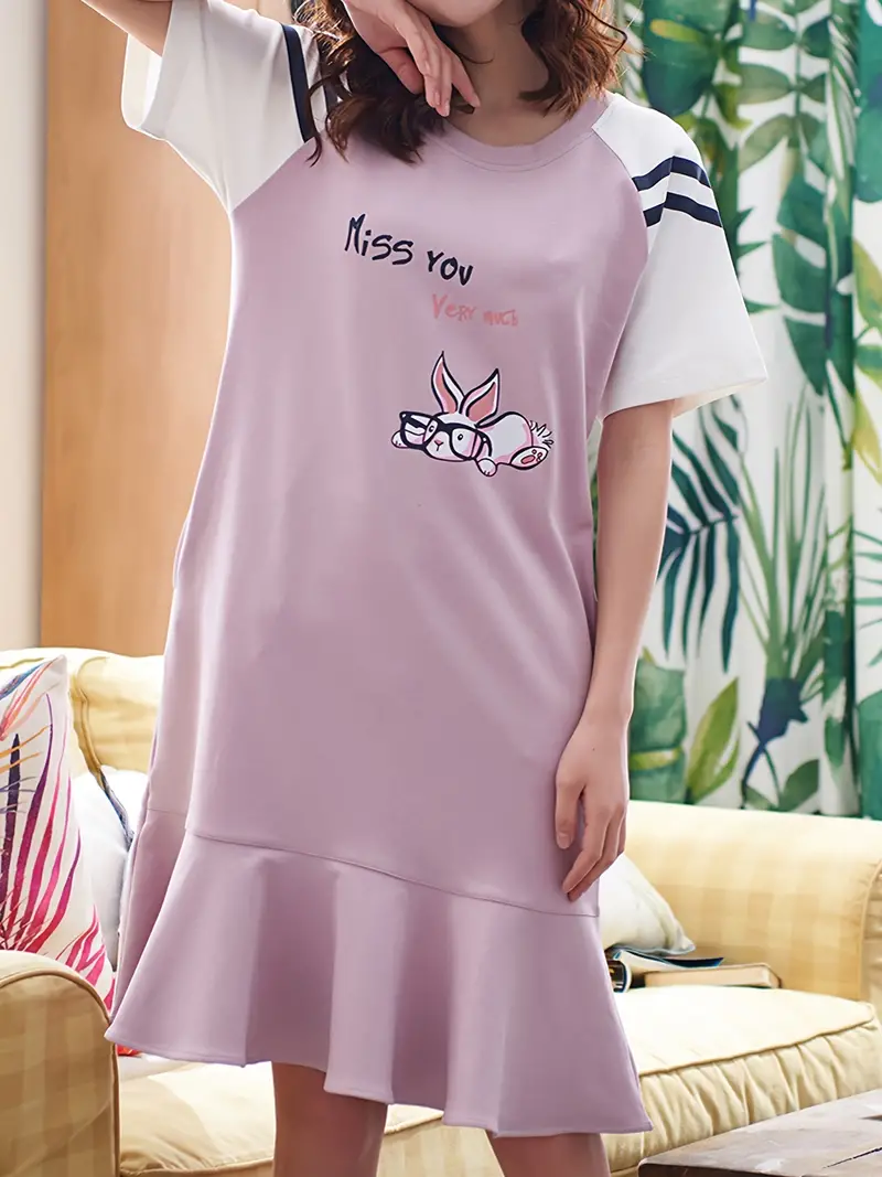 Casual Comfy Ruffle Pajama Dresses Cute Rabbit Pattern Short - Temu