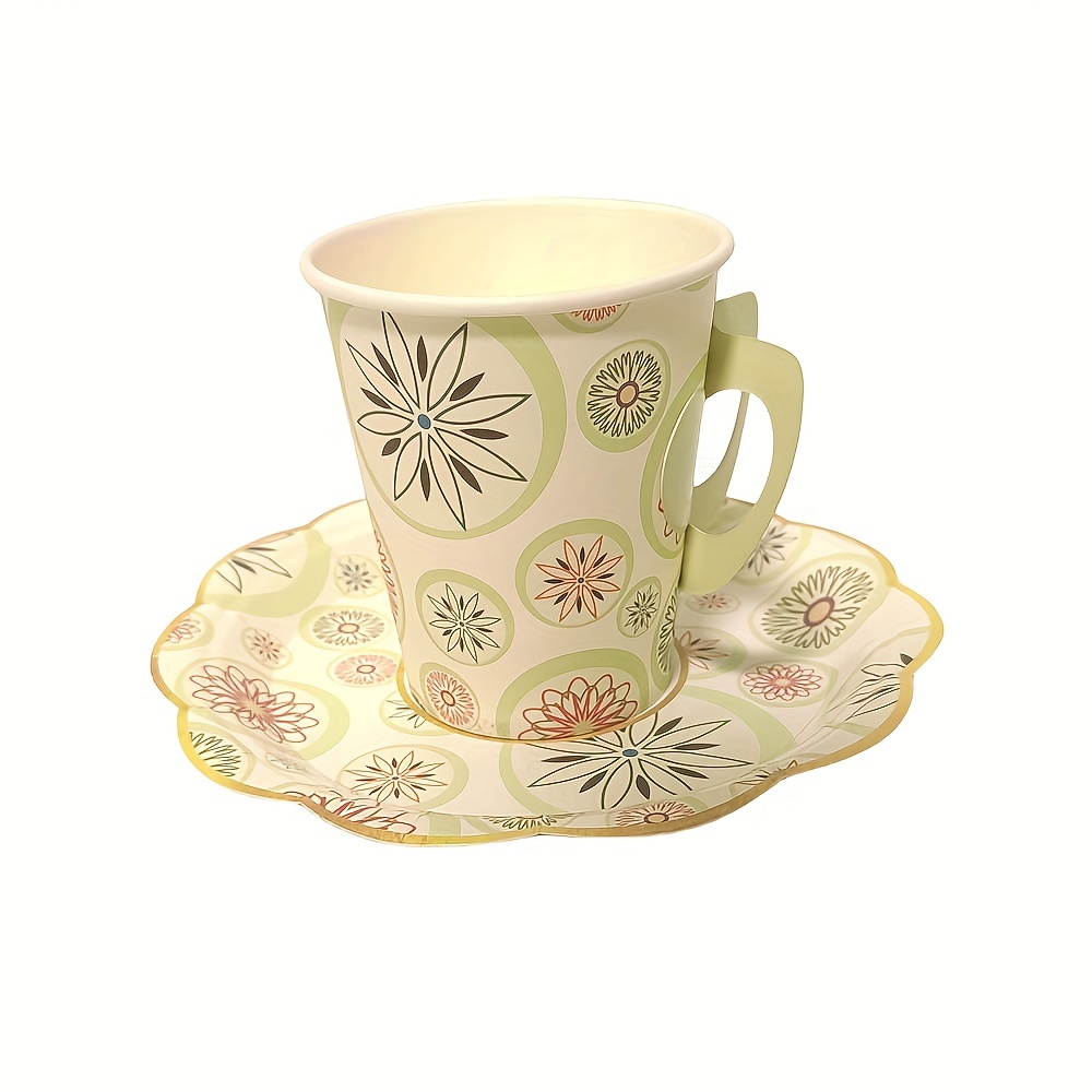 Set, Assiettes Et Tasses Imprimées De Fleurs Pour Fête De Thé Avec Poignée,  Vaisselle Jetable En