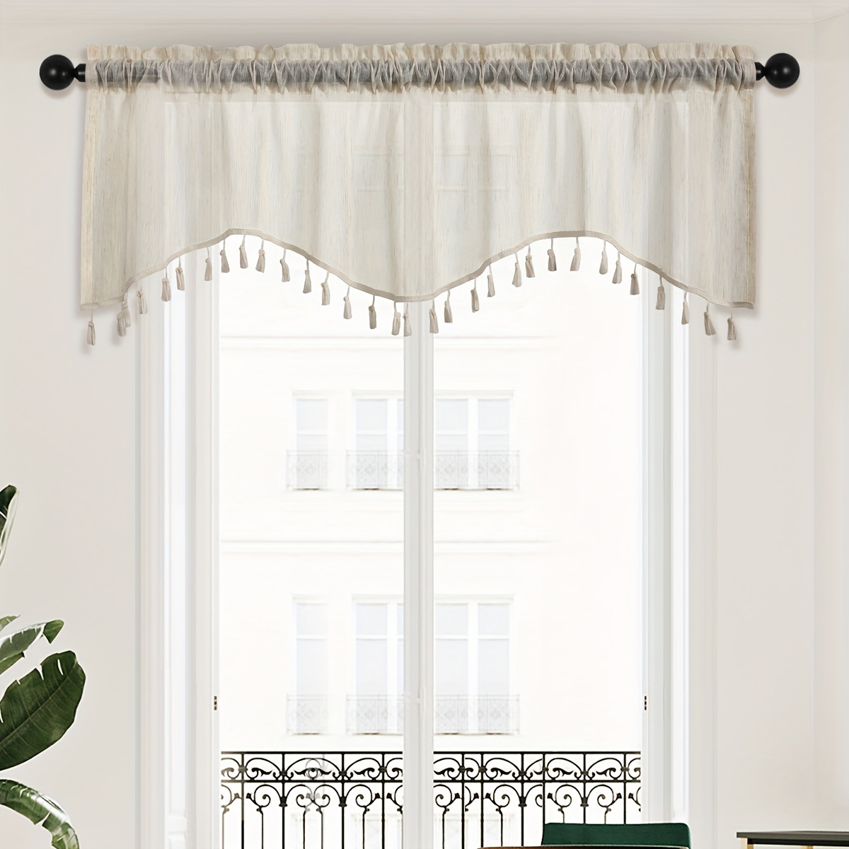 TEMU 1pc Japanese Linen Light-transmitting Short Curtain, Flat Curtain With Tassels And Lace, Rod-pass, Suitable For Window And Door Covering Decoration