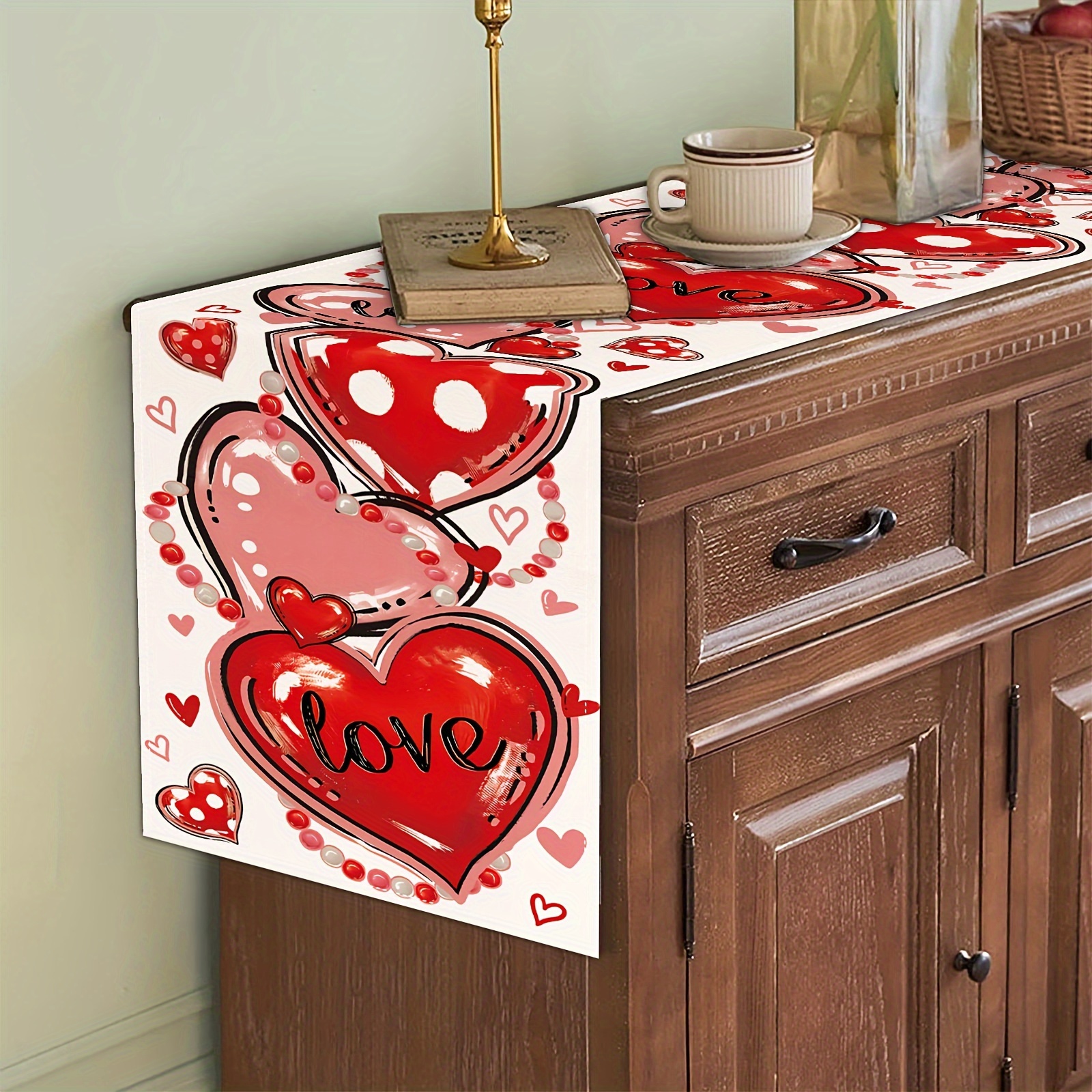 1pc Table Runner, Happy Valentines Table Runner, Love Theme Heart Pattern  Dinner Table Runner For Valentine's Day, Anniversary Wedding Banquet Decor