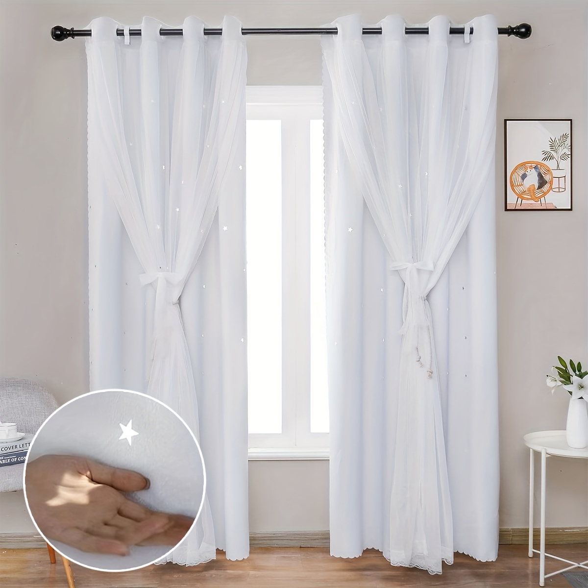 Cortinas para sala de estar, cortina de ventana de doble capa con diseño de  estrella hueca, cortinas para decoración del hogar, cortinas para