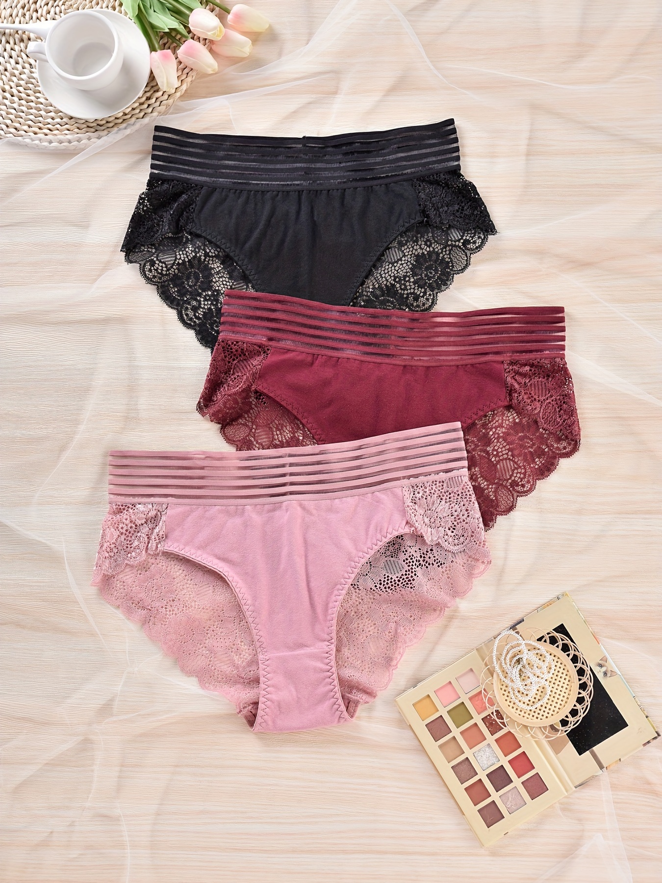 3 Pack Plus Size Elegant Underwear Set, Women's Plus Plain Stripe Contrast  Lace Underwear Three Piece Set