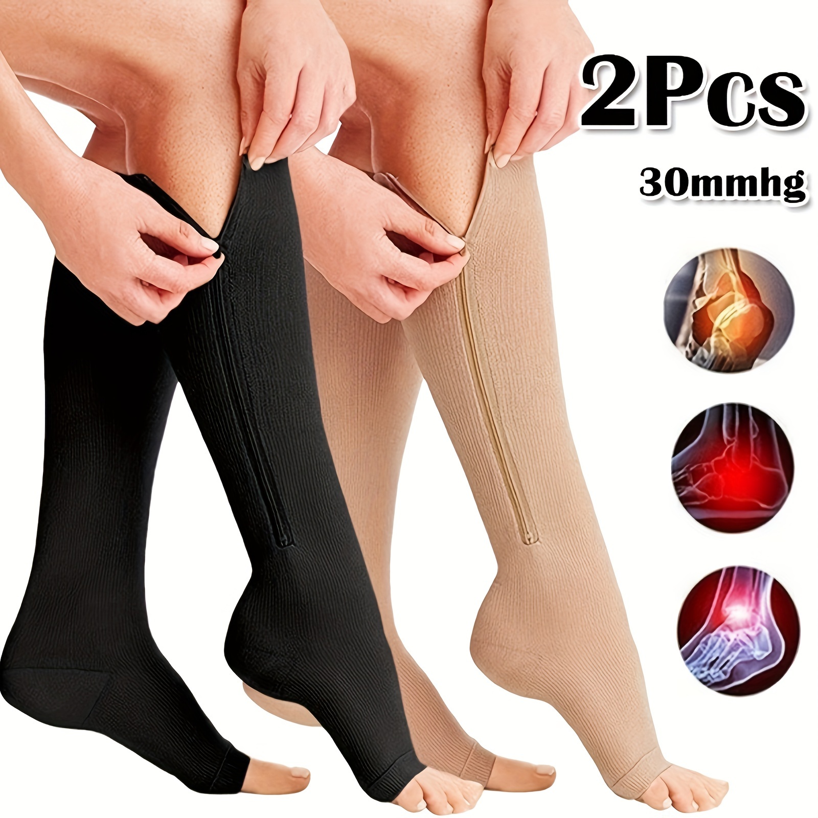 1 Pair Toeless Calf Compression Side Zipper Thigh High Thermal
