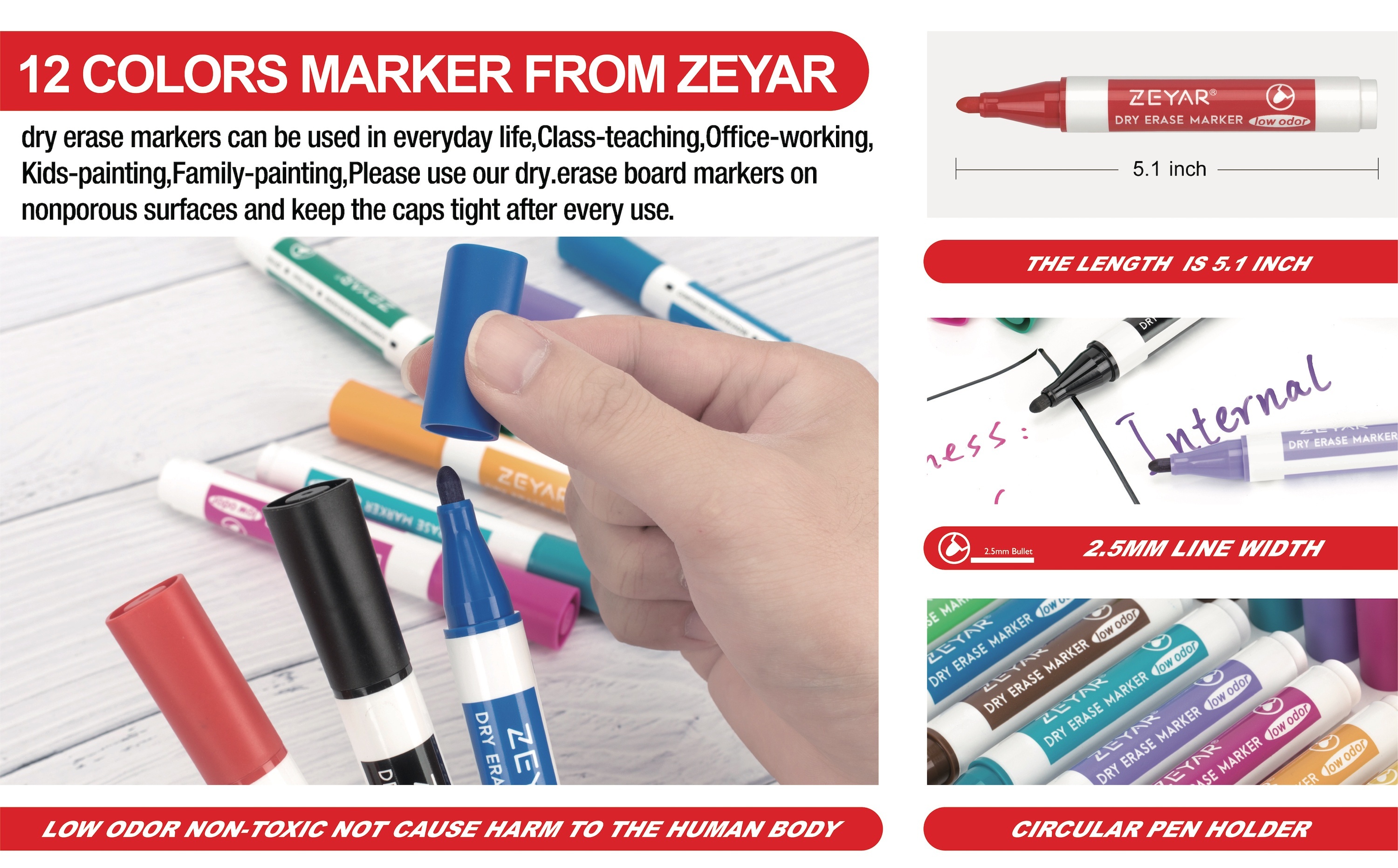 Magnetic Dry Erase Markers Fine Point Tip, 12 Colors White Board Marker with Era