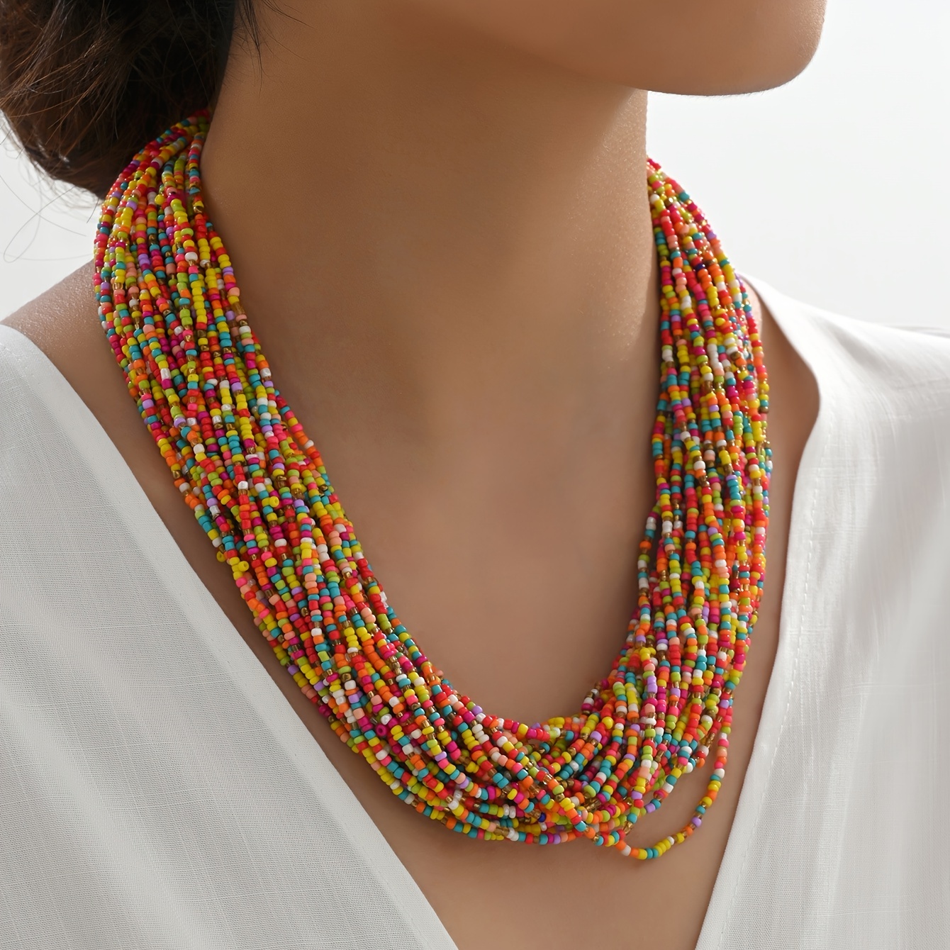 

Bohemian Resort Style Multilayer Colorful Rice Bead Necklace Holiday Decor Jewelry