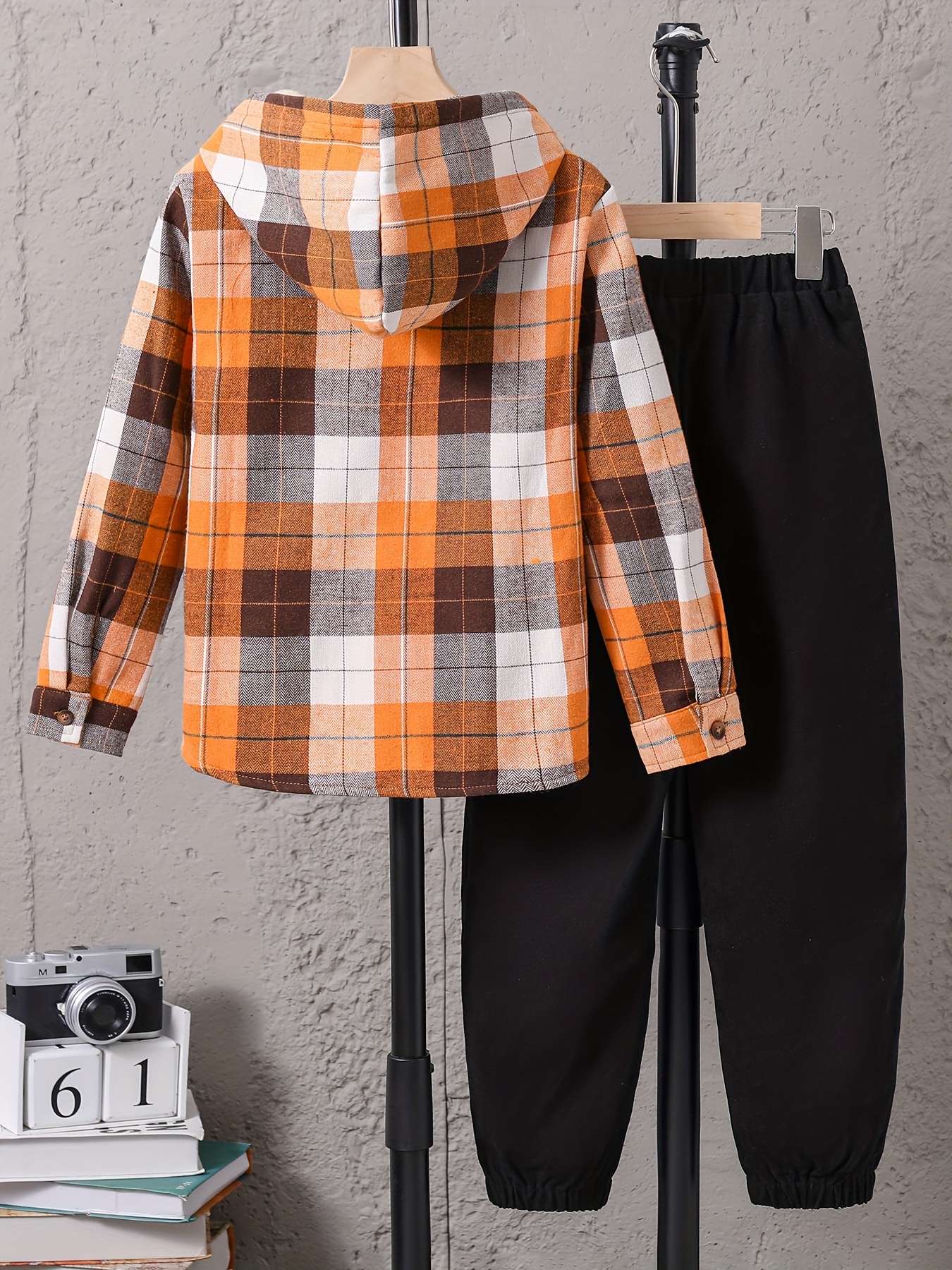 Boy's Fleece Lining Hoodie Outfit Plaid Pattern Hooded Shirt - Temu