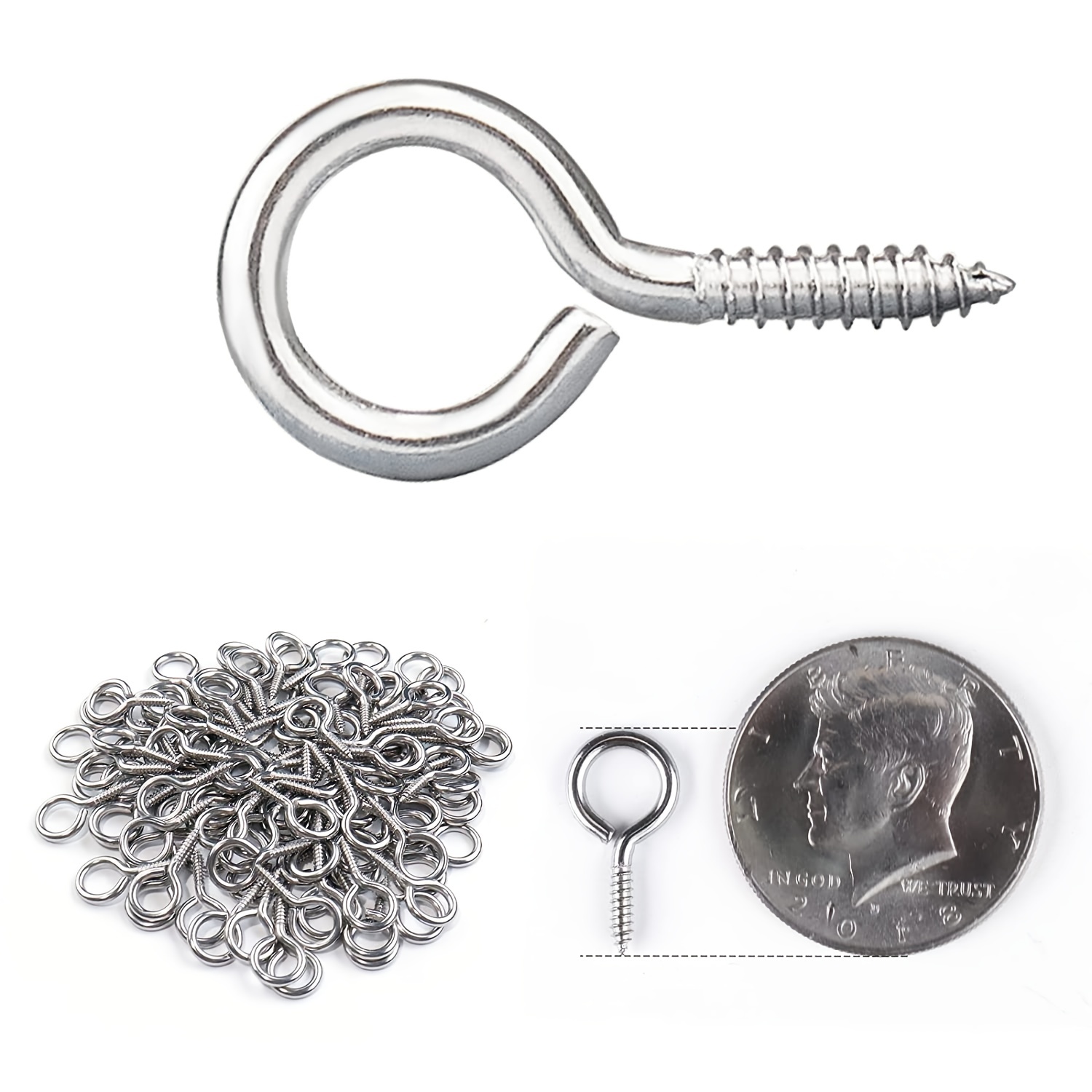 2 Inch Metal Cup Hook Round End Screw Hook Self Tapping  Screw Hook Silver 50Pcs