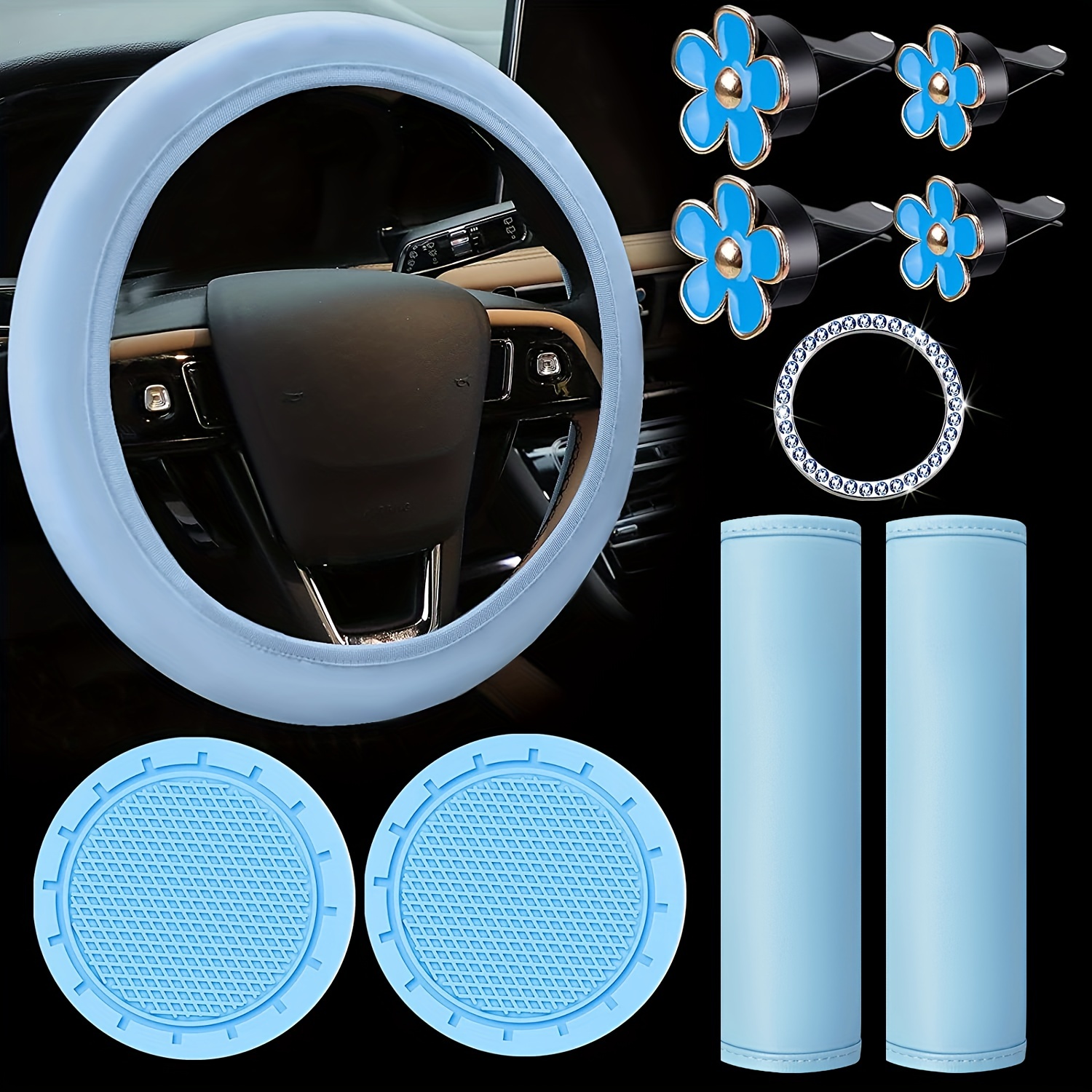 Leather Steering Wheel Cover For Women Cute Car Accessories Set With Seat  Belt Covers Car Coasters Bling Start Button Ring Air Vent Clip Temu