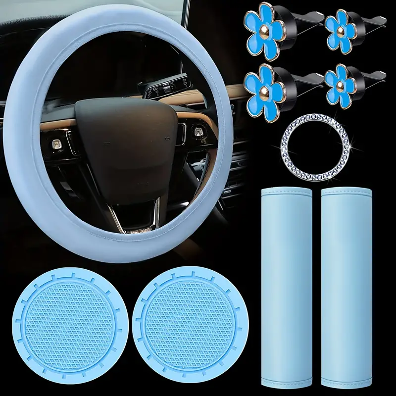 10pcs Blue Leather Steering Wheel Cover Set Women Cute Car