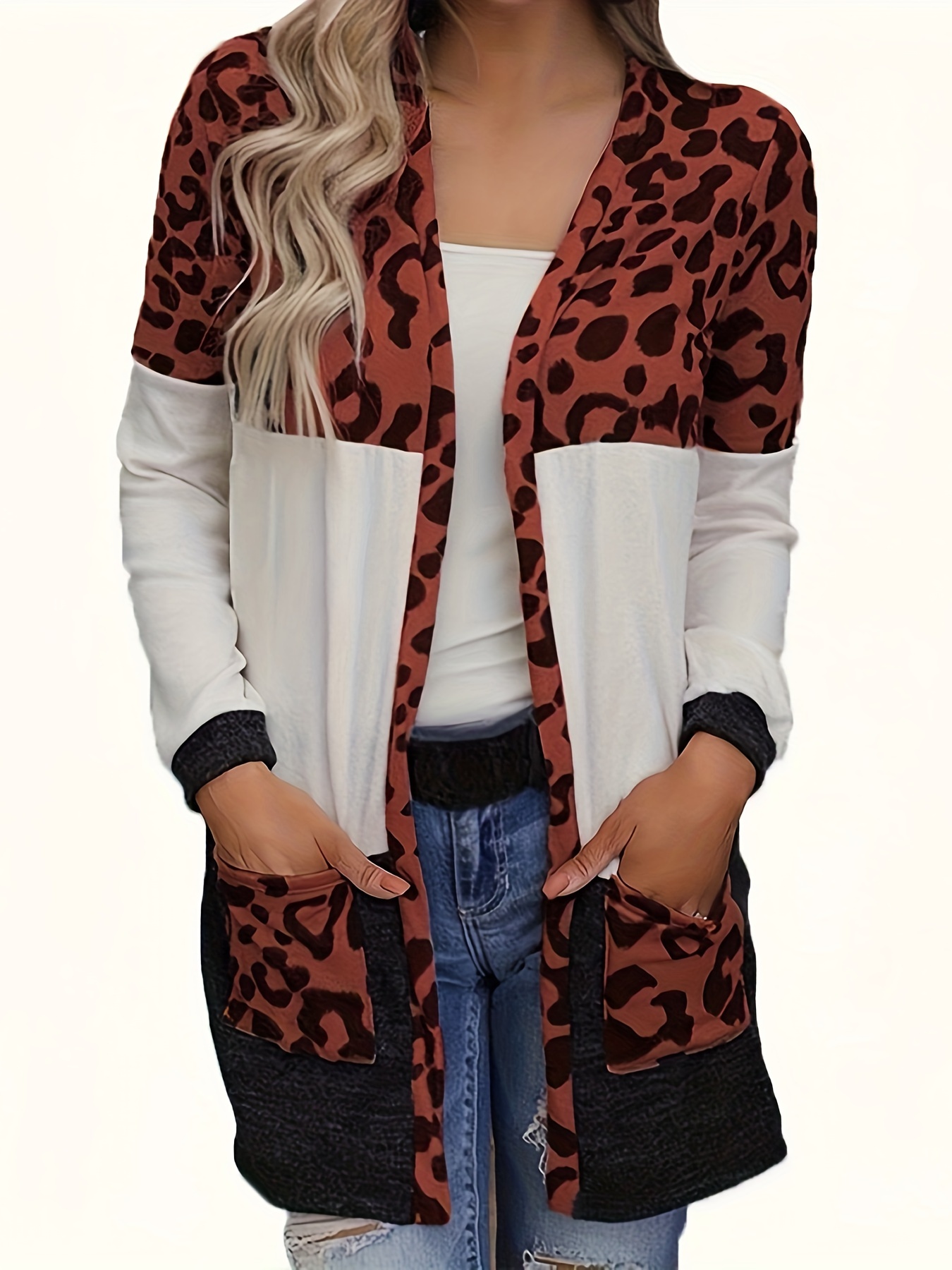 Plus Size Leopard Print Long Sleeve Cardigan Women's Plus - Temu