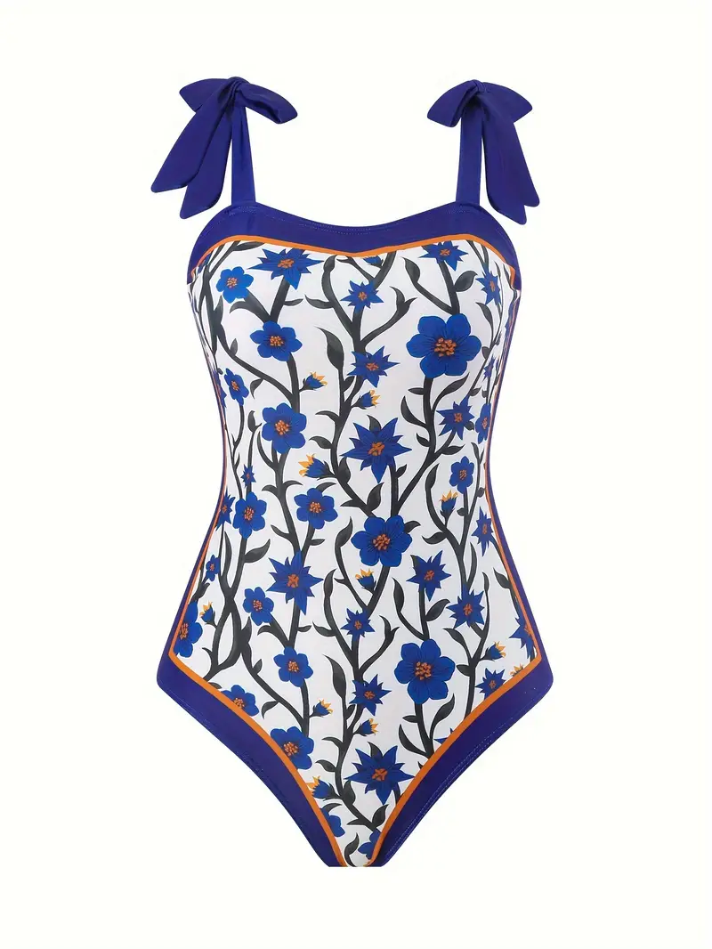 Floral Print Blue Elegant Swimsuits Tie Shoulder Stretchy - Temu