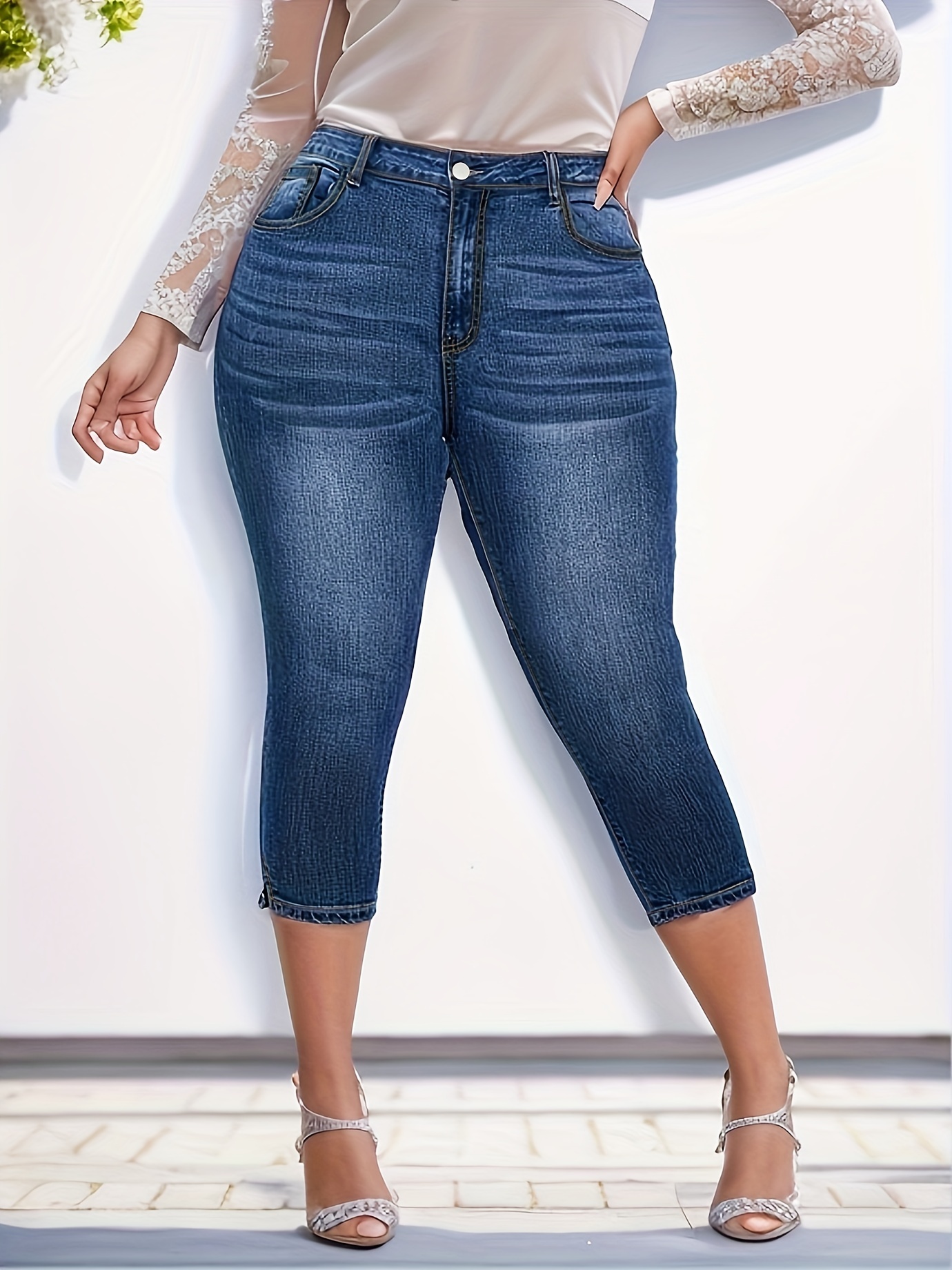 Plus Size Casual Jeans Women's Plus Washed Notched Hem - Temu Canada