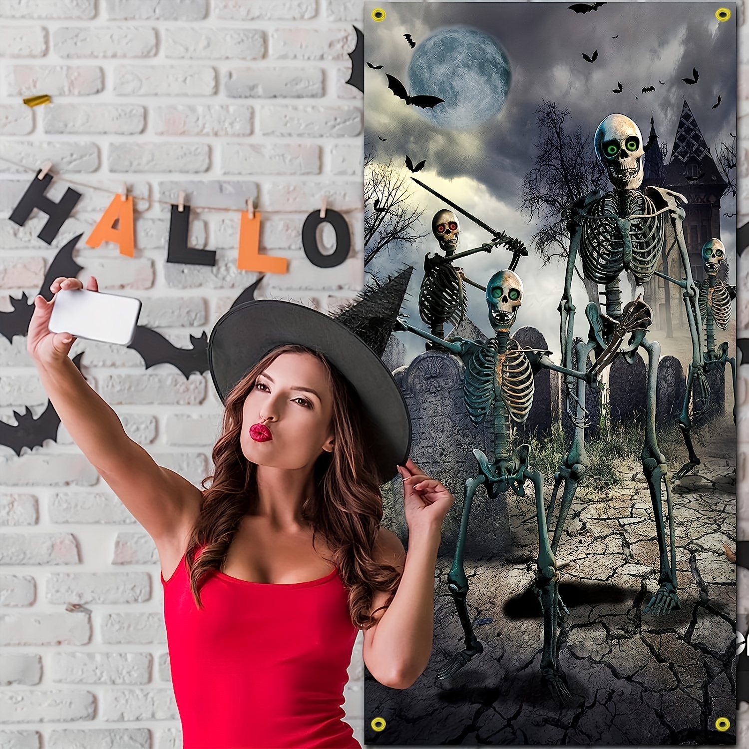 Large Fabric Skeleton Door Cover Halloween Front Door Decorations