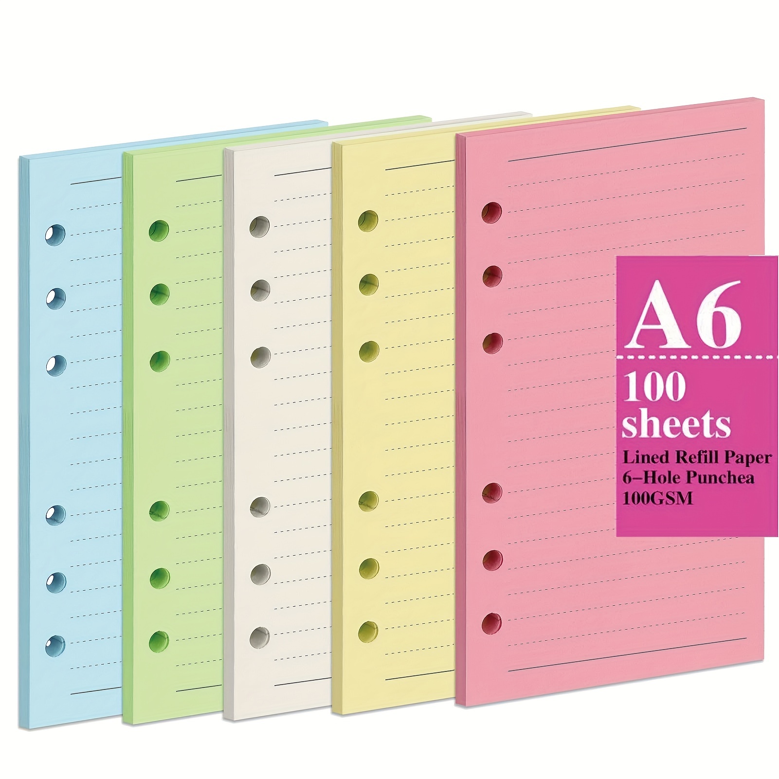 

1 Pack Of 100 Sheets (200 Pages) A6/a5 Colorful Refill Paper, [5 Colors] Thick Refillable Paper 6 Hole Filler Inserts Loose Leaf Paper, For 6 Ring Binder Journal Notebook