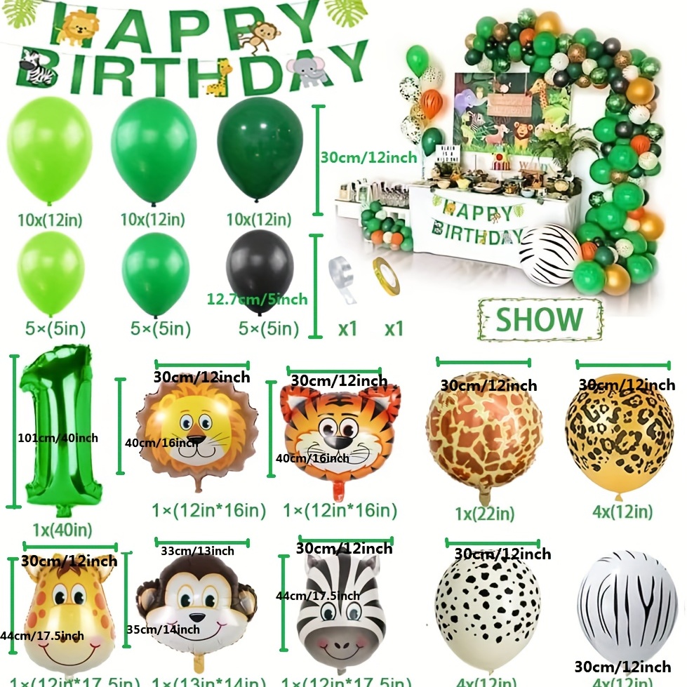 Decoracion Cumpleaños 1 Año, Selva Animales Globos de Cumpleaños 1 Año,  Marrón Verde Safari Decoracion Fiesta Cumpleaños para Niño Niña Primer
