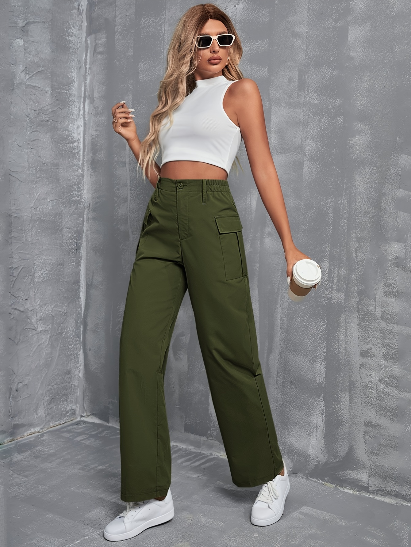 Solid High Waist Flap Pocket Cargo Trousers  High waist fashion, Green  pants outfit, Pants for women