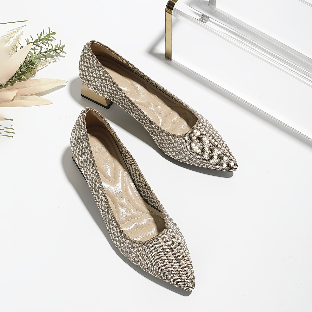 Women's Houndstooth Slip On Chunky Heels Lightweight Shoes