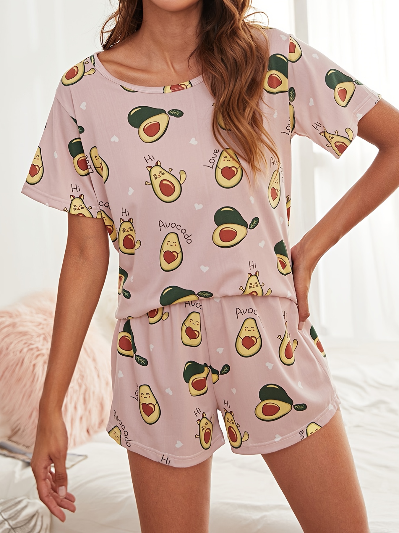 Women's Summer Cute Cartoon Print Pajamas Set, Casual Short Sleeve Pullover  Top & Loose Shorts, Women's Loungewear & Sleepwear