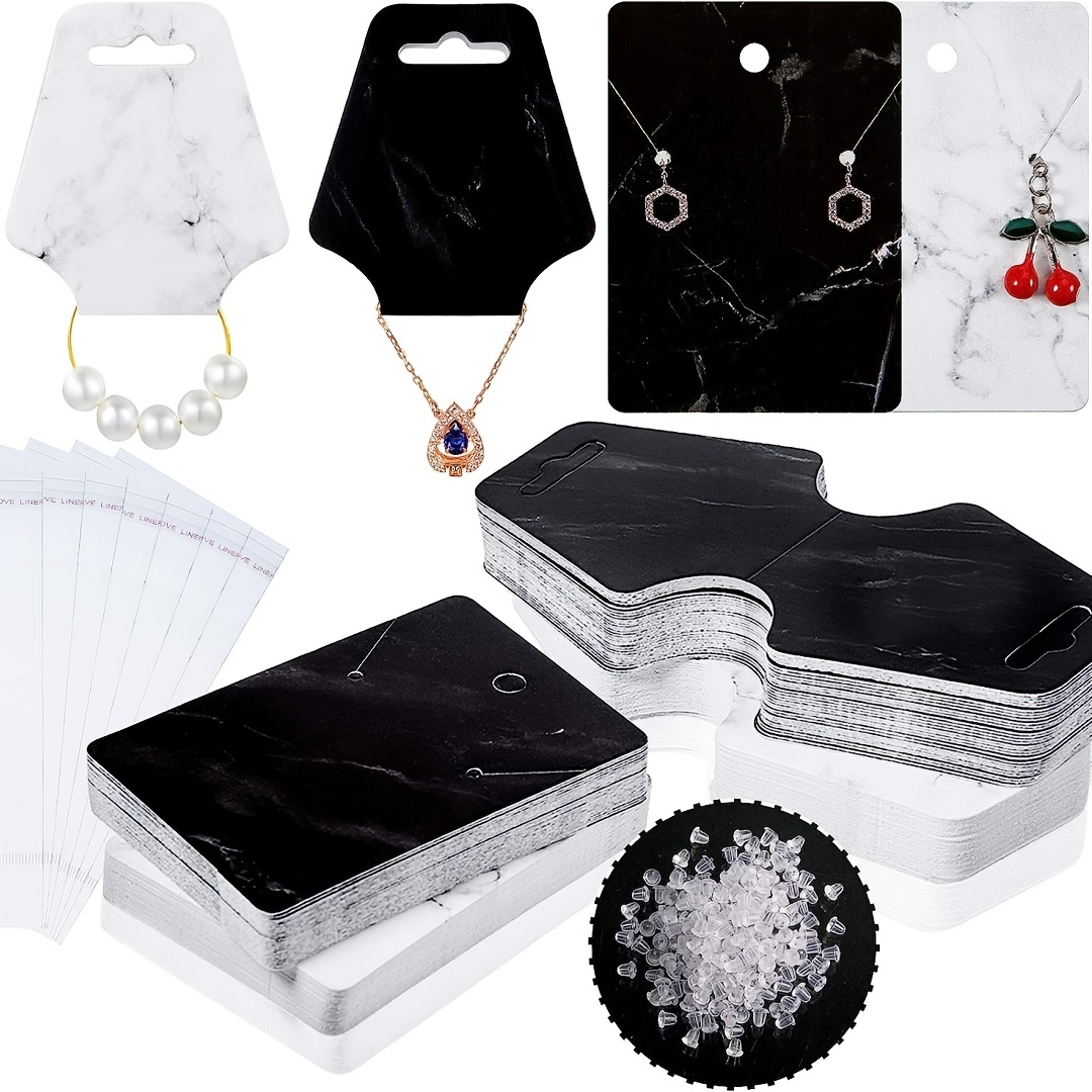 

800pcs Earrings Necklace Bracelet Jewelry Display Cards Printing Marble Design, 200pcs Cards, 200pcs Self-sealed Bag, 400pcs Earring Backs Small Business Supplies (black, White)