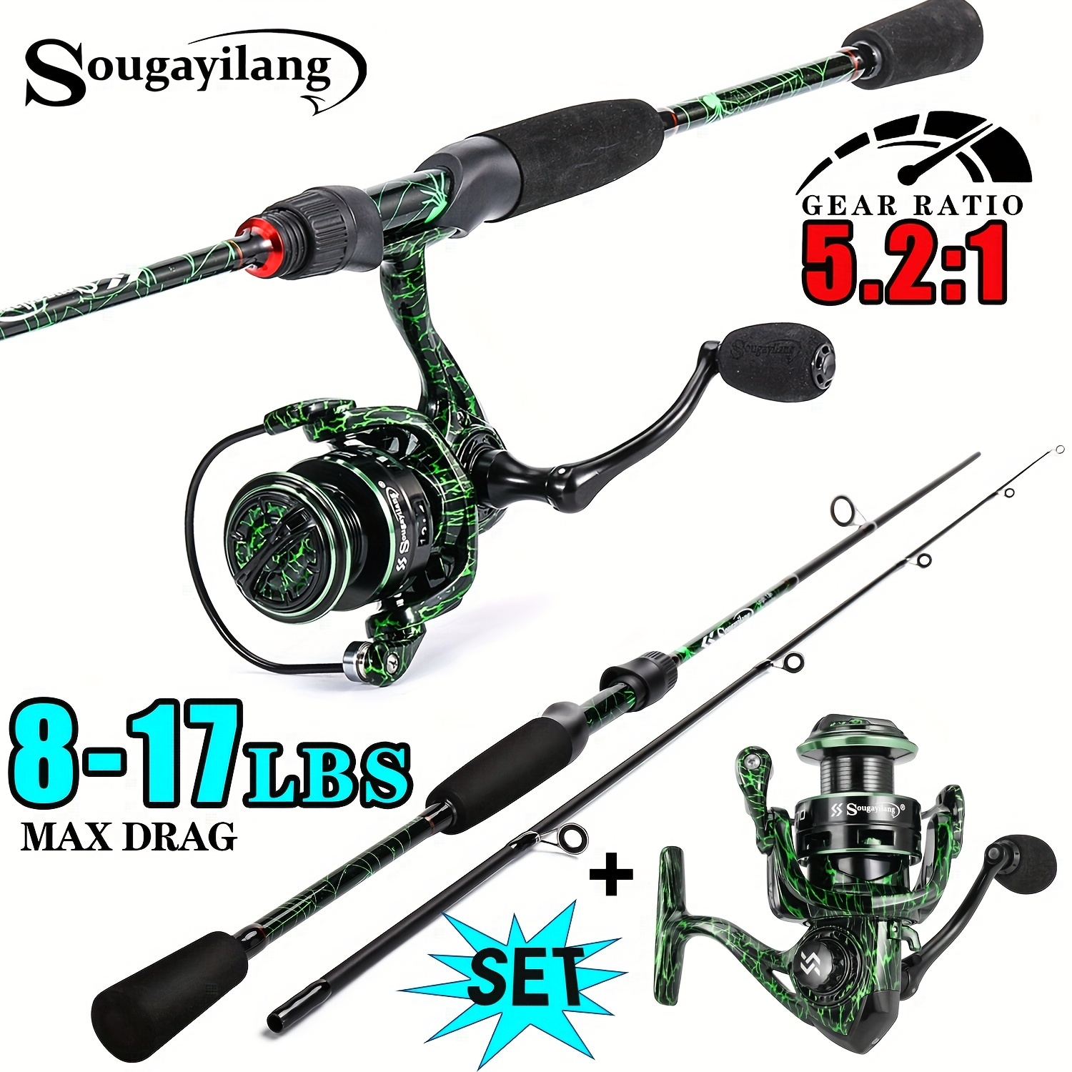 Sougayilang Fishing Rod Reel Combos, 1.8m/6ft Ultralight Carbon 2 Sections  Fishing Rod, 12+1 BB 5.2:1 Gear Ratio Spinning Reel, Fishing Tackle For Fre