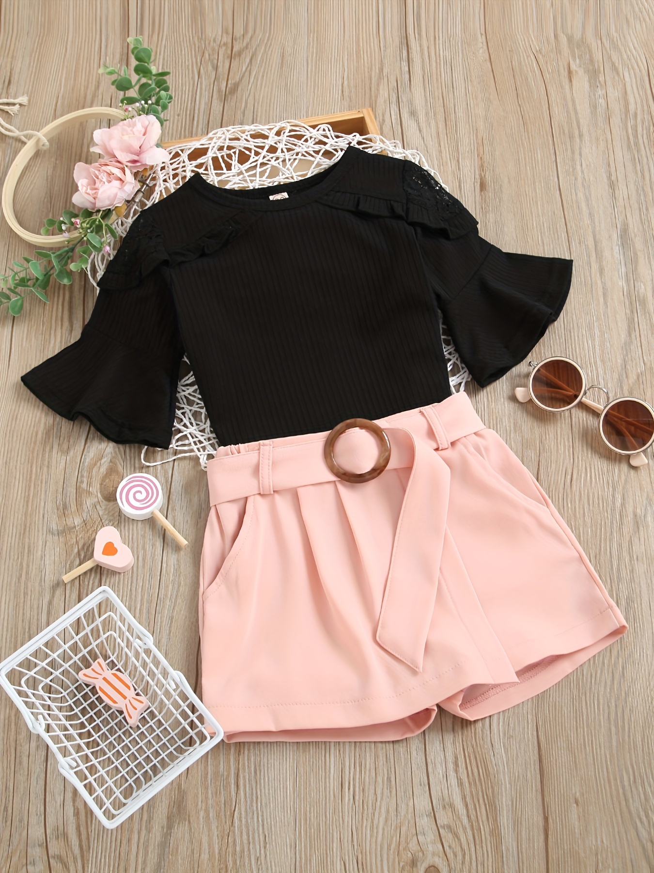 Girl's Elegant Shorts Outfit, Ribbed Trumpet Sleeve Top & Shorts