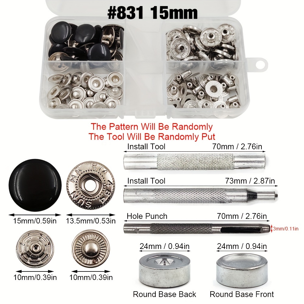 60 Sets 15mm Snap Fasteners Kit Metal Press Studs For Clothing Snaps Buttons Set Button Fix With 3 Setting Tools For Sewing Clothes Leather Diy