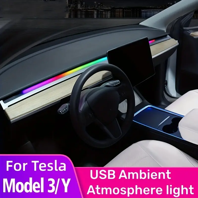 For Model 3 Model Y 2021-2023 Instrument Panel Ambient Lighting, Central  Control, LED Light Strip Accessories,USB Power, App And Remote Control