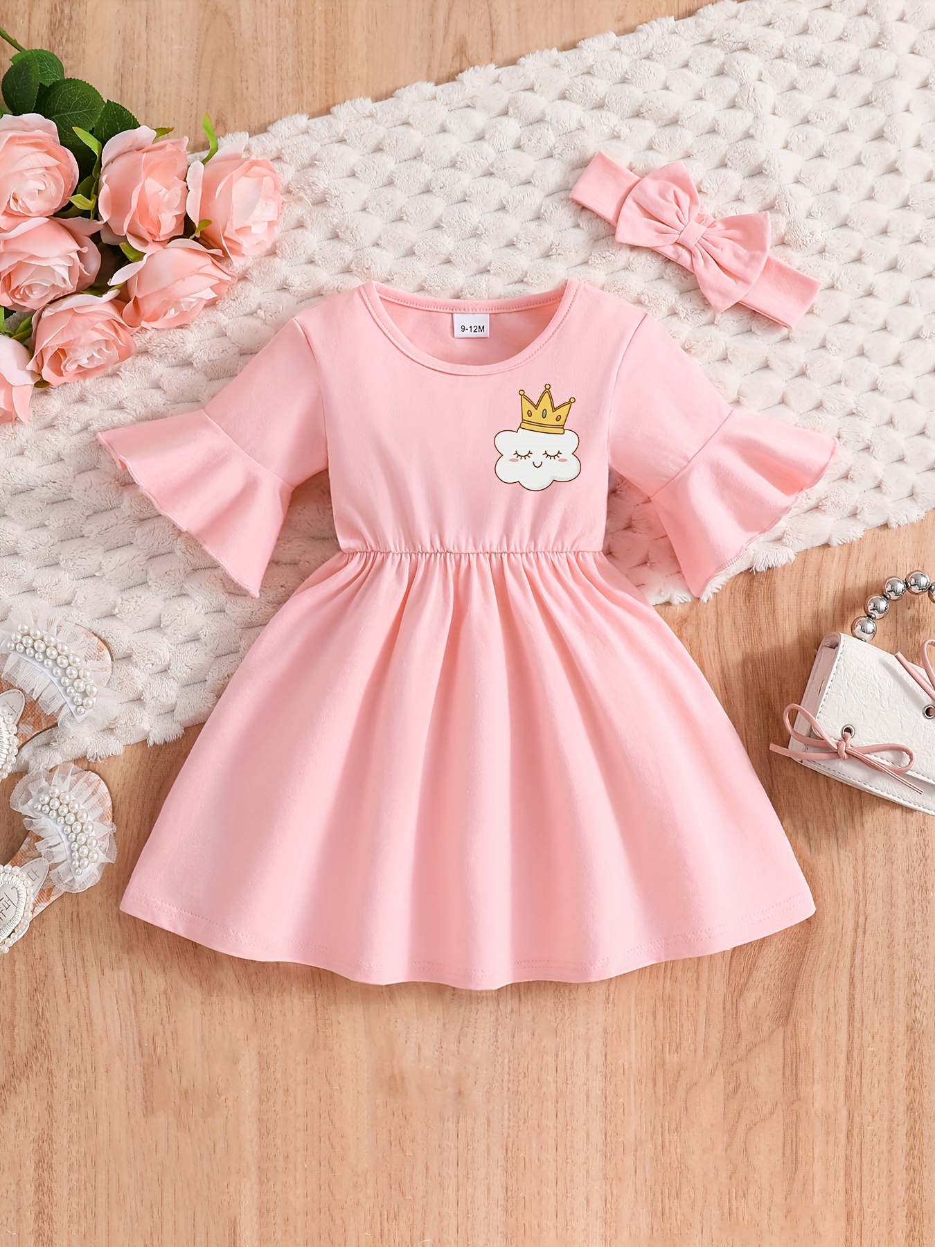 Baby Girl Apricot Ribbed Ruffle Short-sleeve Splicing Floral Print Dress