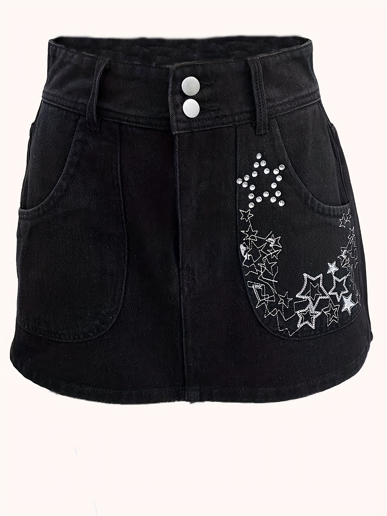 Black Star Contrast Print Denim Mini Skirt, A-Line Non-Stretch Rhinestone  Decor Casual Denim Skirt, Women's Denim Clothing