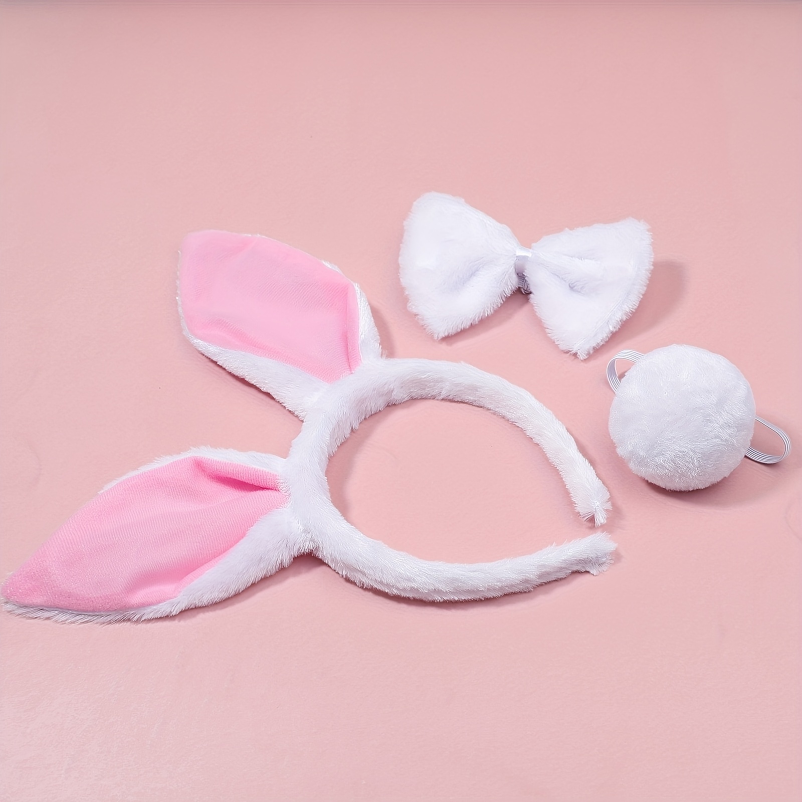 Easter Bunny Ears Headband White Pink Plush Bunny Rabbit Ears Hair Band  with Tail and Bowtie Easter Parties Accessories Cosplay Headwear for Kids  and