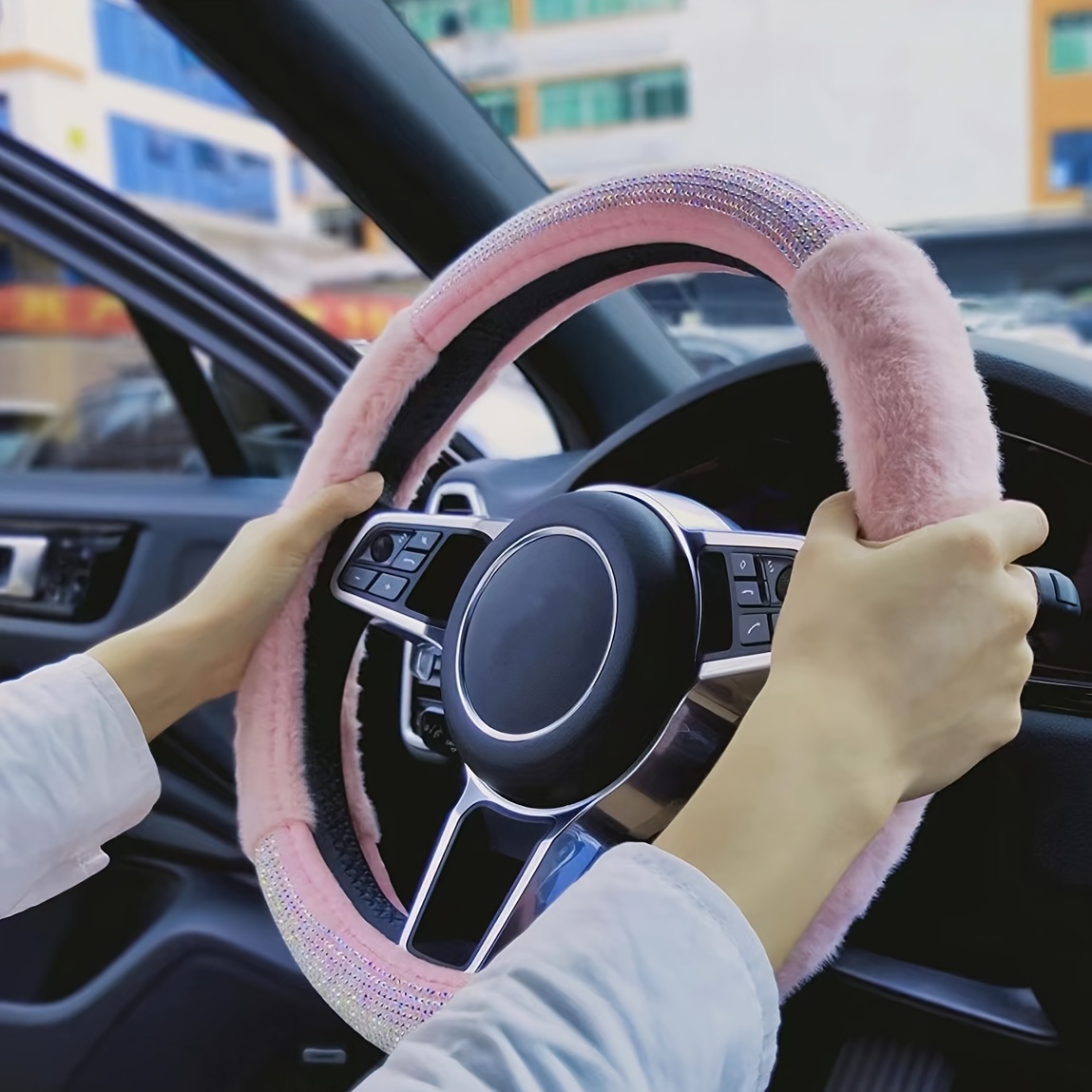 Car Steering Wheel Cover Plush Bling Rhinestone Elastic - Temu