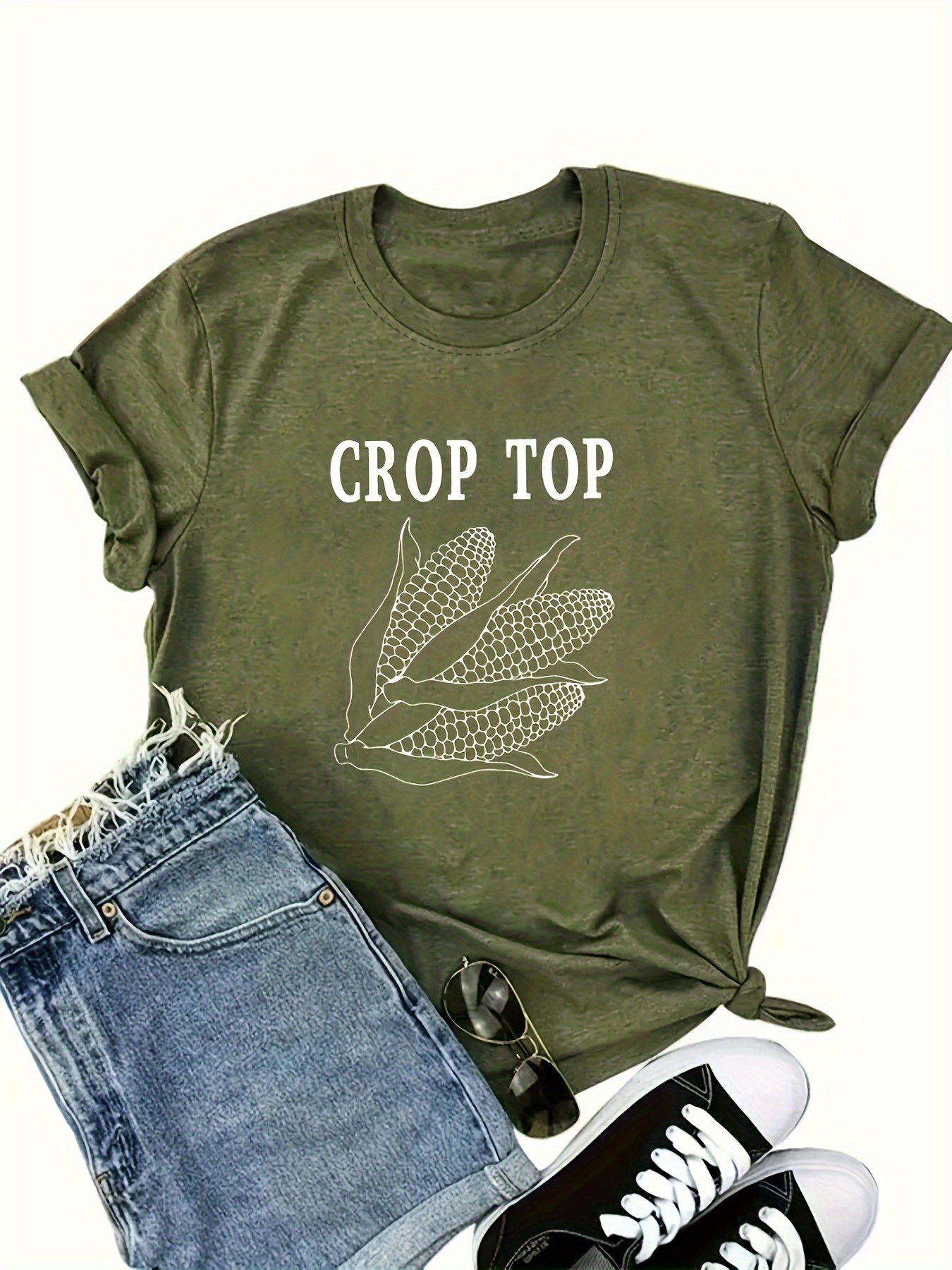 Crop Pop Print Crew Neck T shirt Casual Short Sleeve Top - Temu Canada