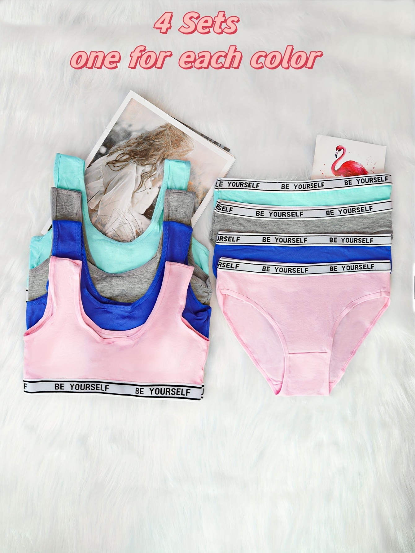 8pcs Girls Cotton Breathable And Comfortable Bralette + Briefs Set, Solid  Color Simple Style Girls Underwear Set, Suitable For 12-16 Y