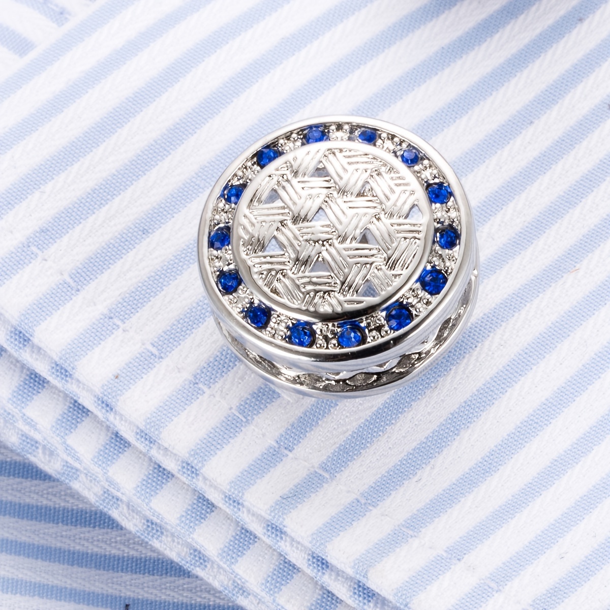 Men's Business Dress French Shirt Round Hollow Blue Crystal Cufflinks