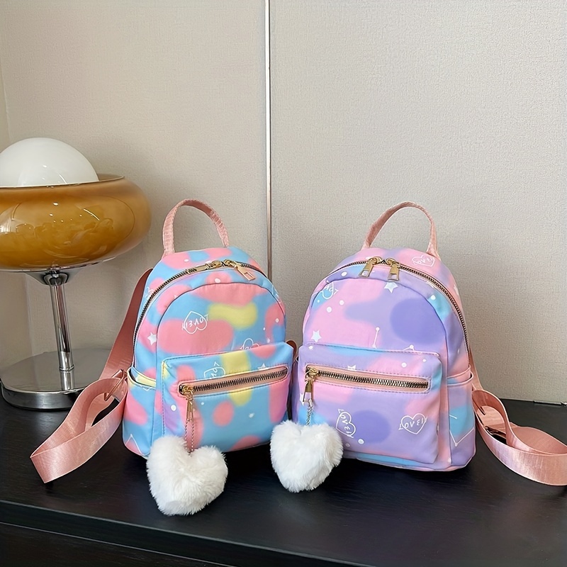 Kids Colorful Backpack w/Plush Love Charm Cute Nylon Gift