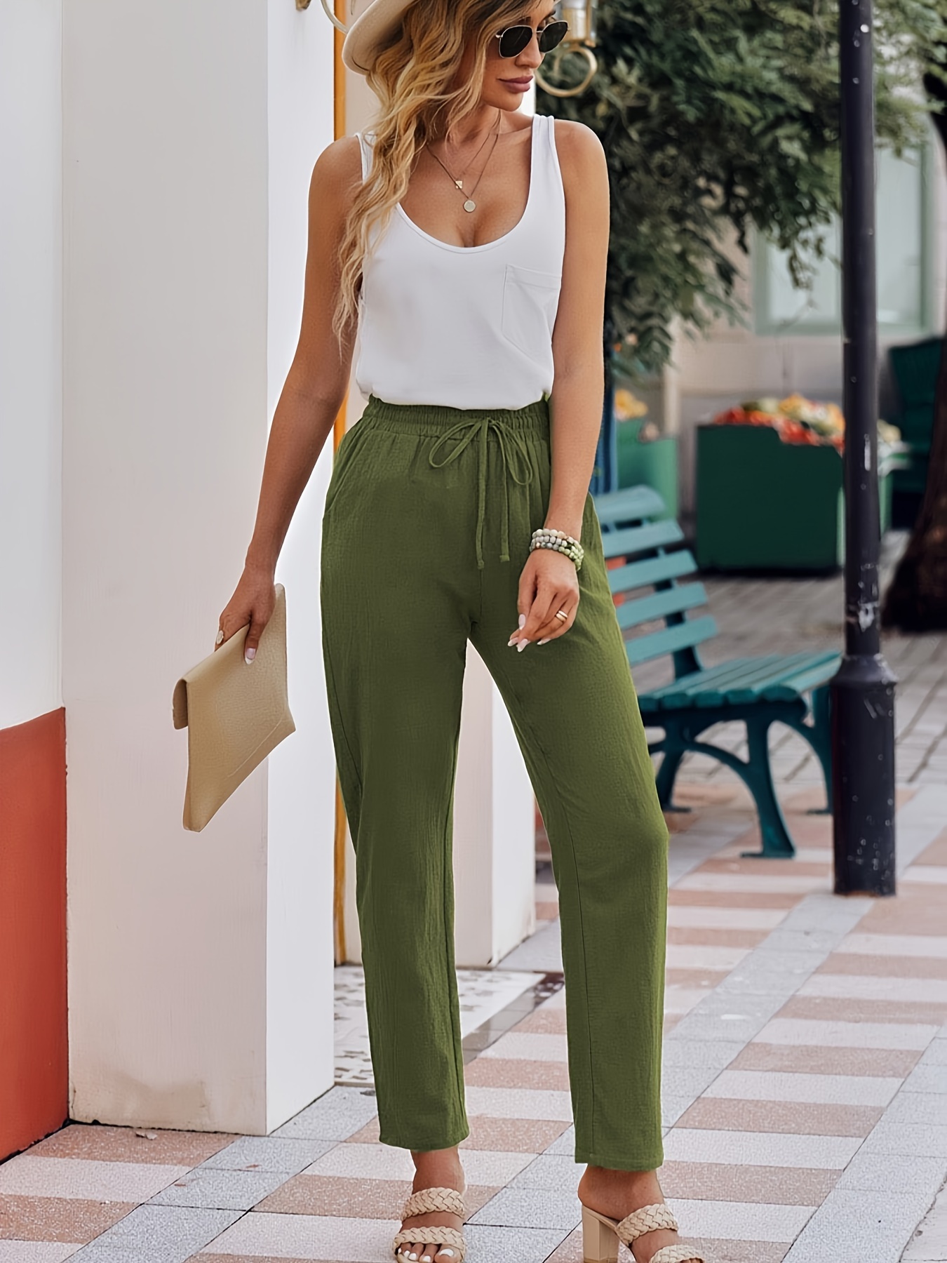 Olive Green Drawstring Waist Pants