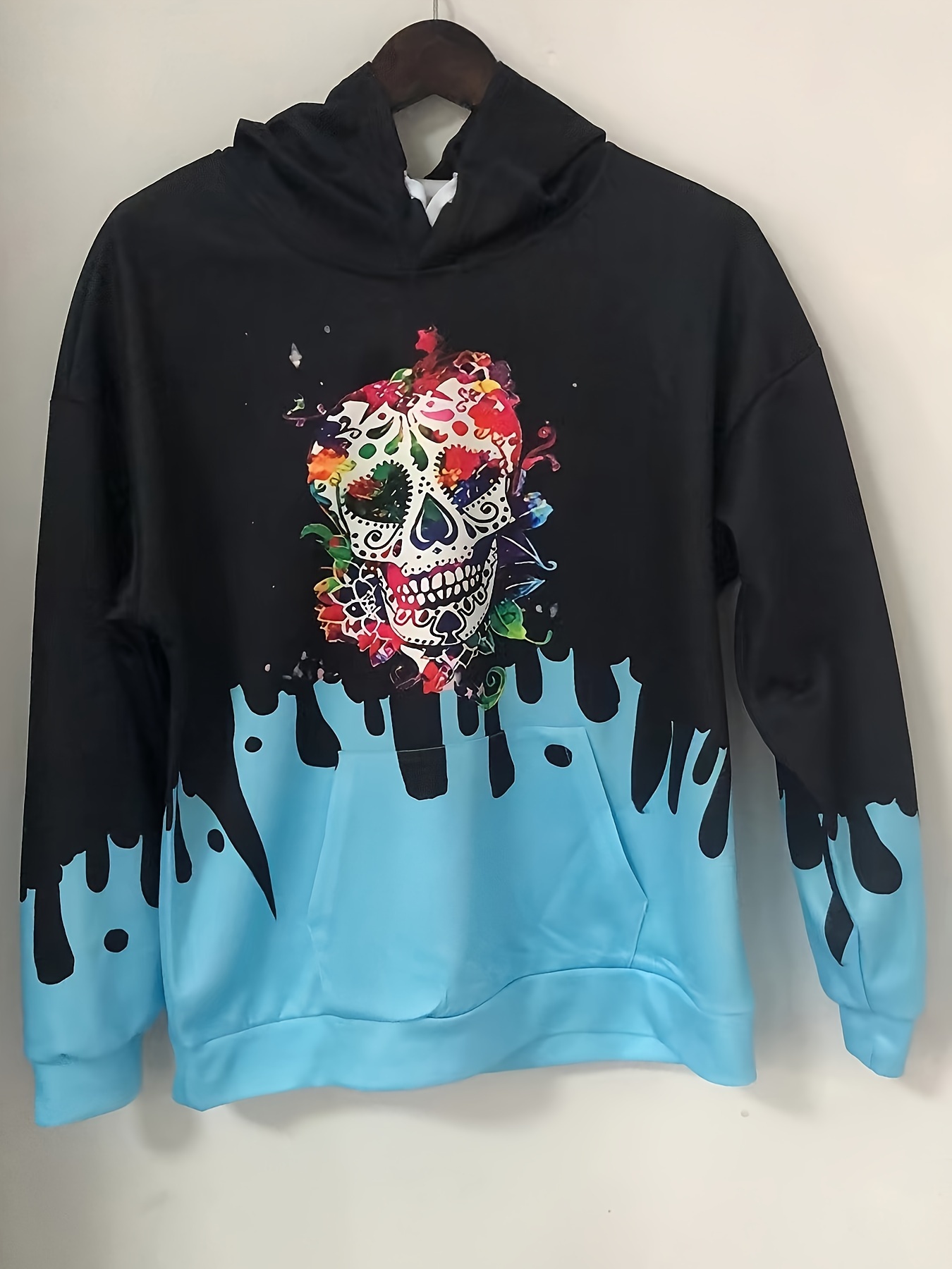 Color Block Skull Print Drawstring Hoodie, Casual Long Sleeve Kangaroo  Pocket Sweatshirt, Women's Clothing