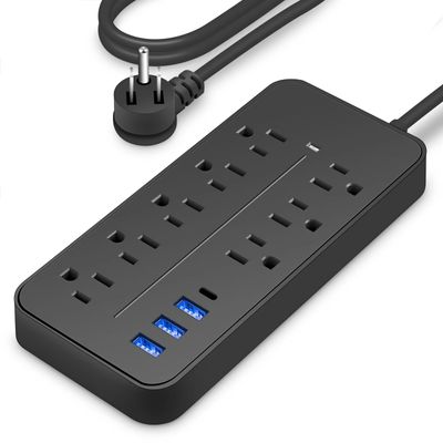 1pc Black Power Strip, Surge Protector With 8 AC Outlets & 3 USB & 1 Type-C Ports, Angled Flat Plug, For Home, Office, Dorm Essentials